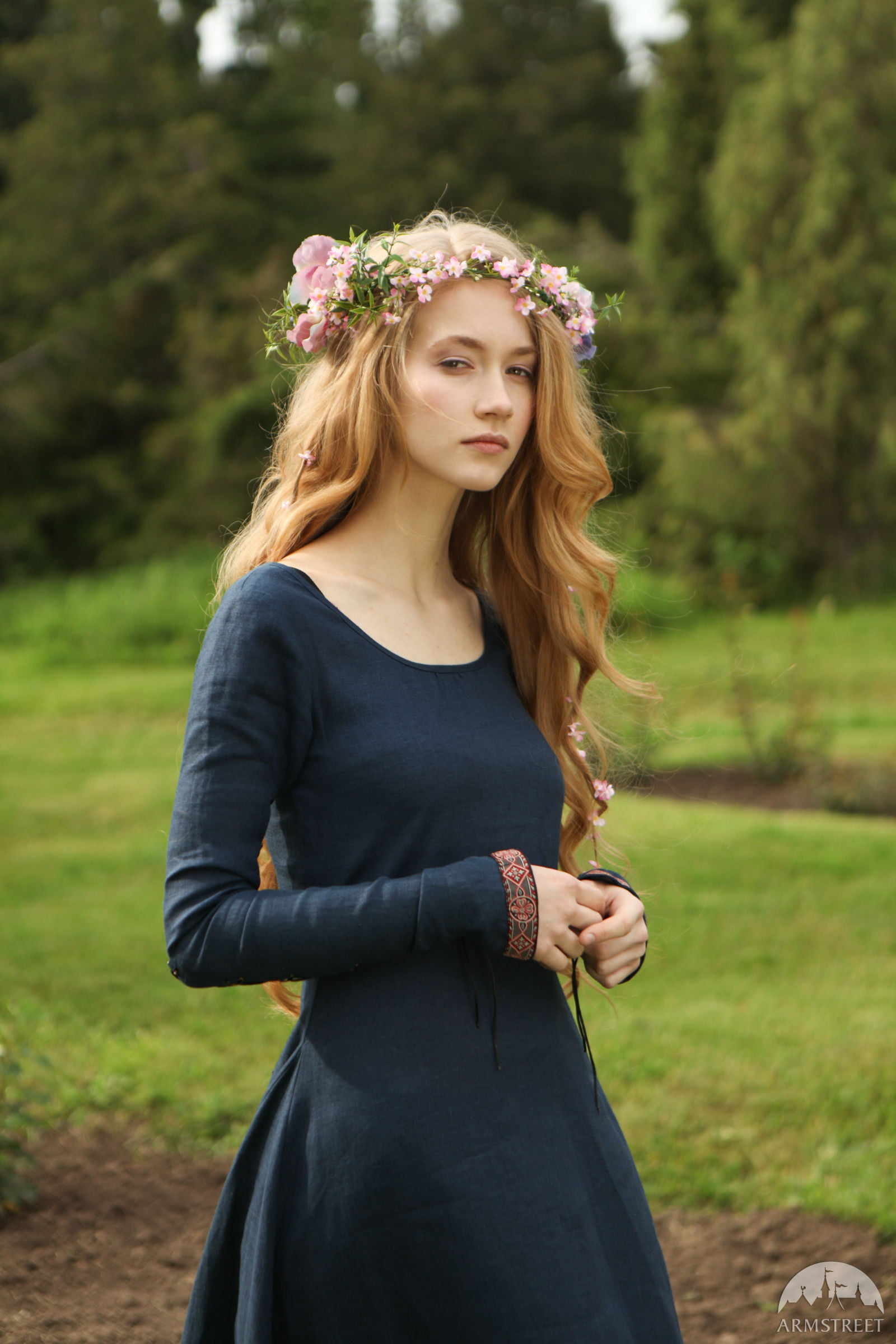 dress, fashion, grass, young adult, outdoors, adult, three quarter length, plant, flowers, focus on foreground, portrait display, blue dress, blond hair, Phone HD Wallpaper