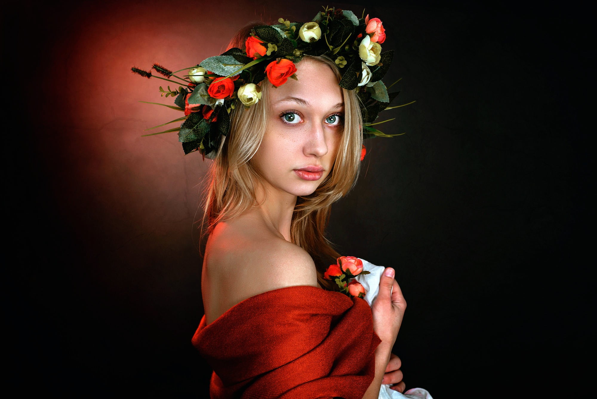 females, portrait, glamour, beauty, hair, laurel wreath, 1080P, women, one person, studio shot, beautiful people, looking at camera, black background, HD Wallpaper