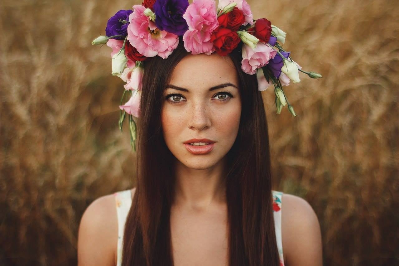 front view, brown hair, beauty in nature, hair, long hair, women outdoors, wearing flowers, face, adult, model, headshot, women, flowers, one person, Ukrainian, HD Wallpaper
