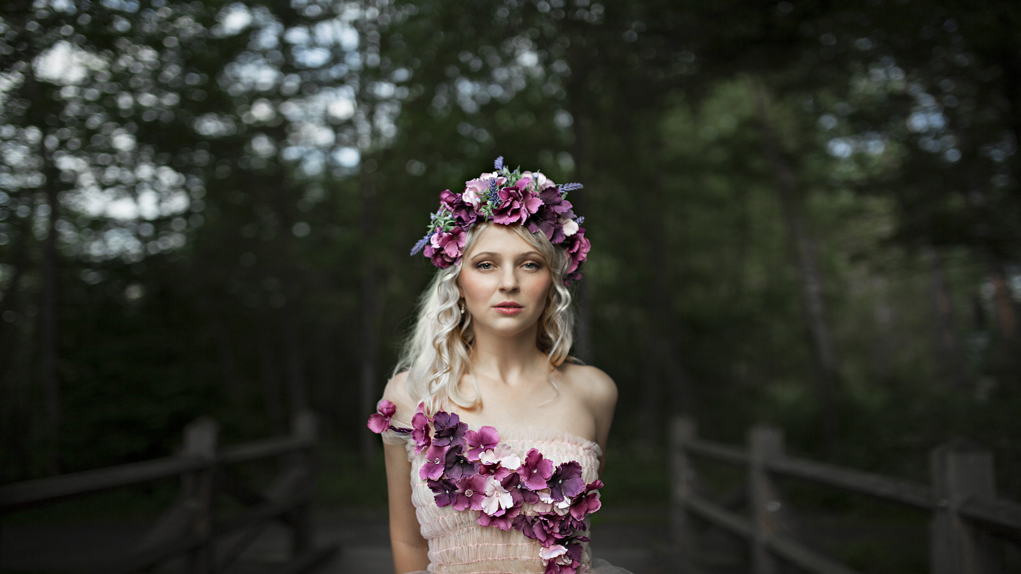 nature, flowering plant, hairstyle, young adult, wearing flowers, real people, purple, beautiful woman, blue eyes, clothing, 1080P, one person, front view, HD Wallpaper