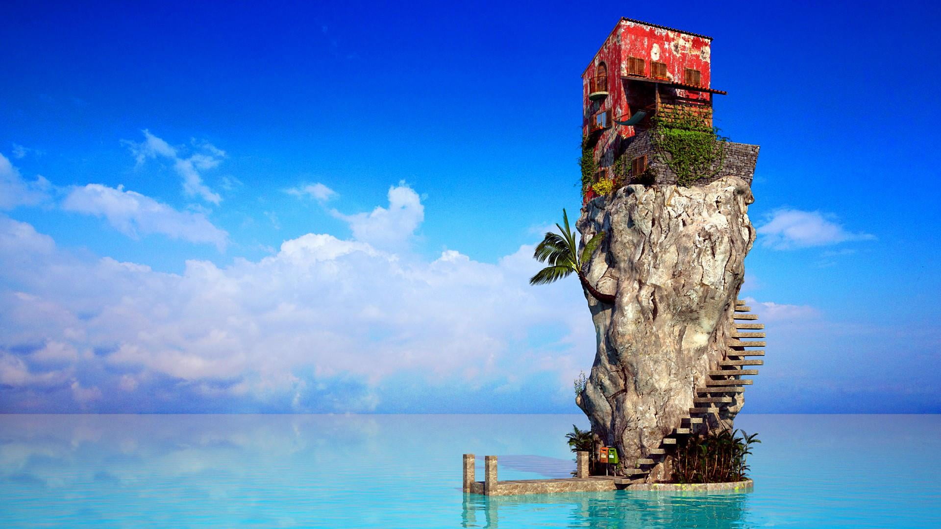 built structure, sea, cute, unusual, environment, nature, architecture, blue, cloud - sky, day, land, digital composite, home, middle of the sea, house, HD Wallpaper