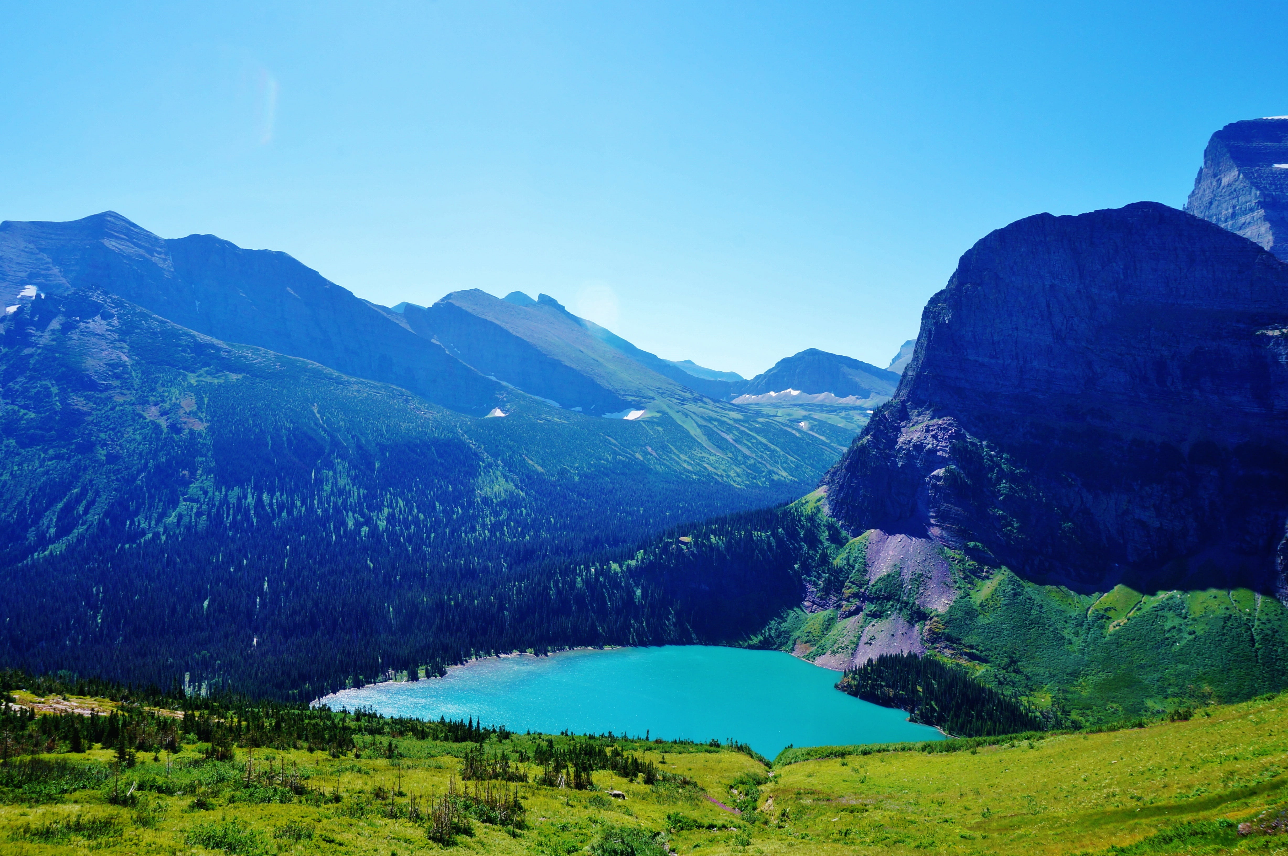 no people, 4K, ice, plant, grass, lake, tranquility, nature, sky, wild, water, environment, america, trail, blue, landscape, grinnell lake, glacier, hiking, HD Wallpaper