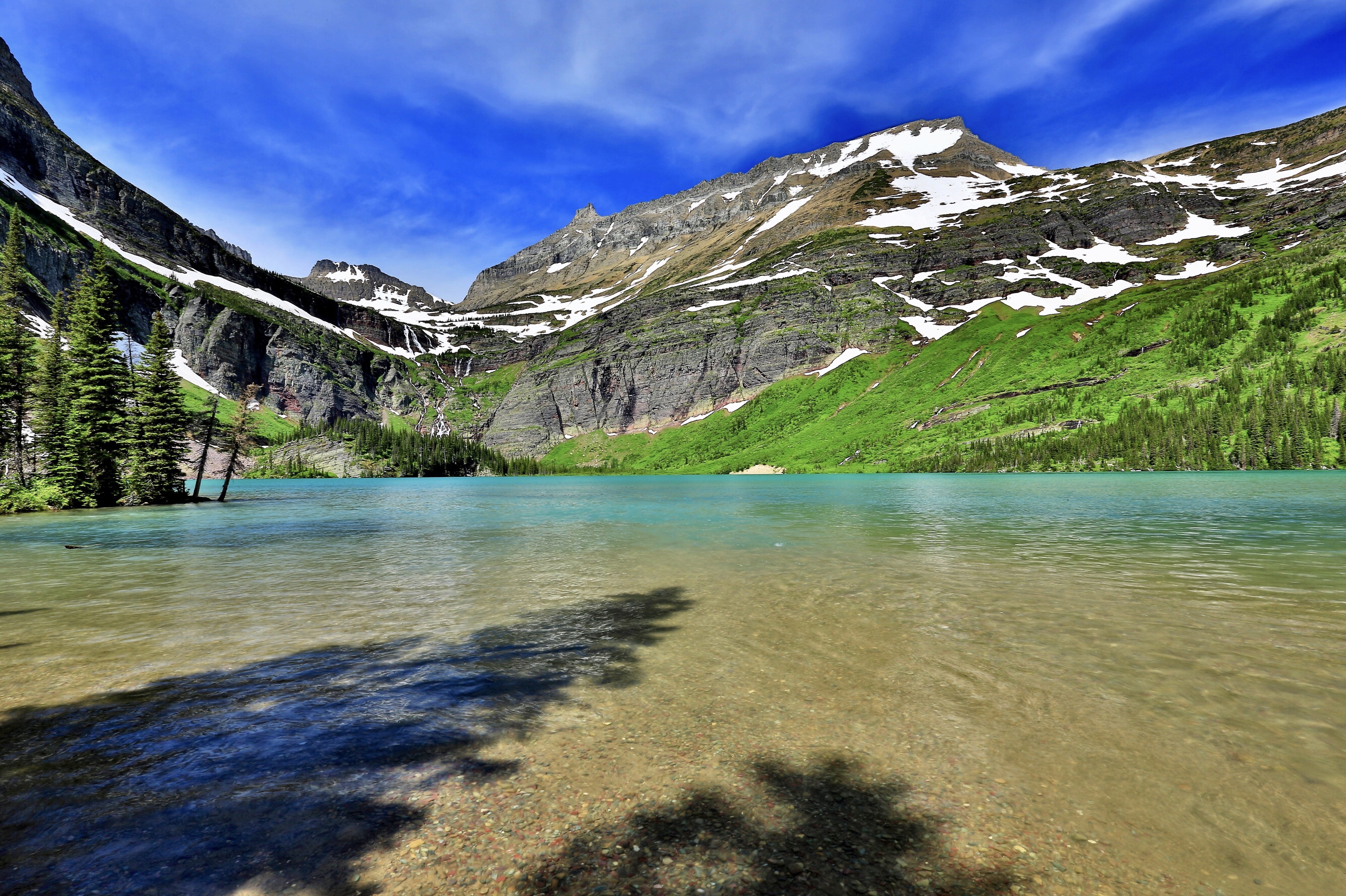 water, grinnell lake, place, woods, hiking, lake, formation, landscape, beauty in nature, travel, turquoise, pine woodland, environment, plant, mountain range, HD Wallpaper