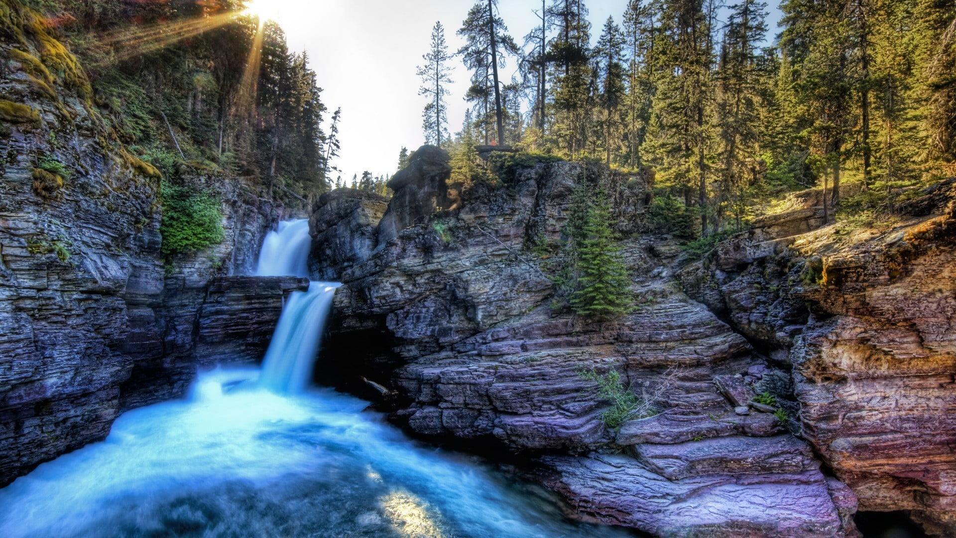 scenics - nature, st. mary falls, falling water, landscape, 1080P, blurred motion, motion, waterfall, beauty in nature, day, rock, trees, illustration, HD Wallpaper