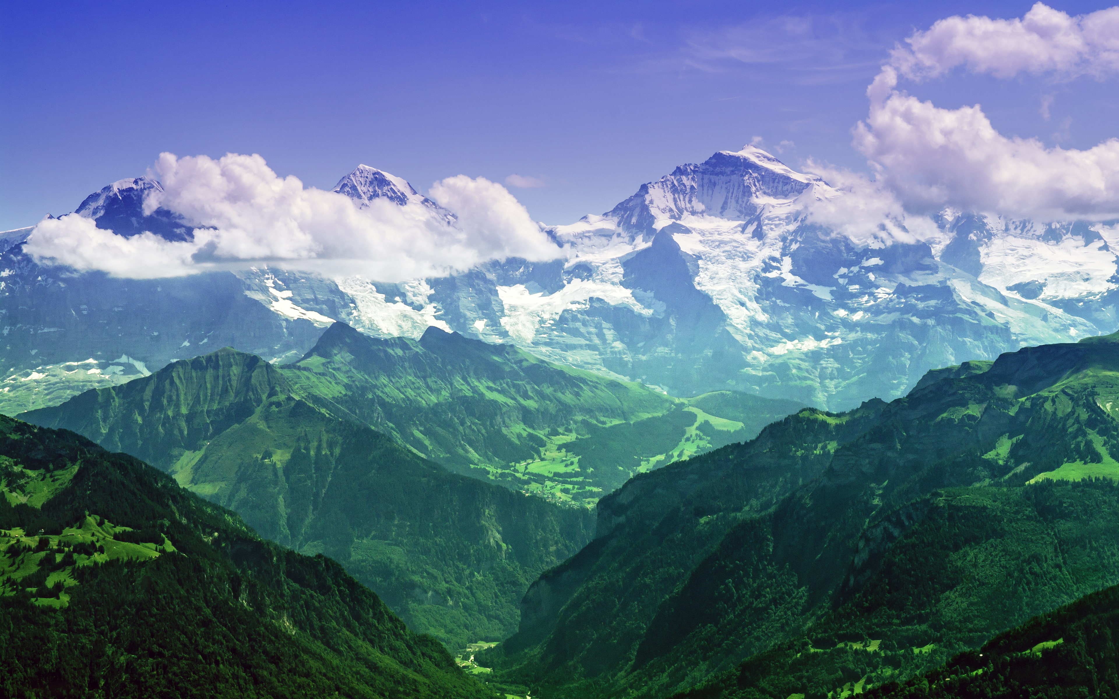 nature, mighty, photography, green, bernesealps, sky, switzerland, mountains, 4K, landscape, blue, jungfrau, HD Wallpaper