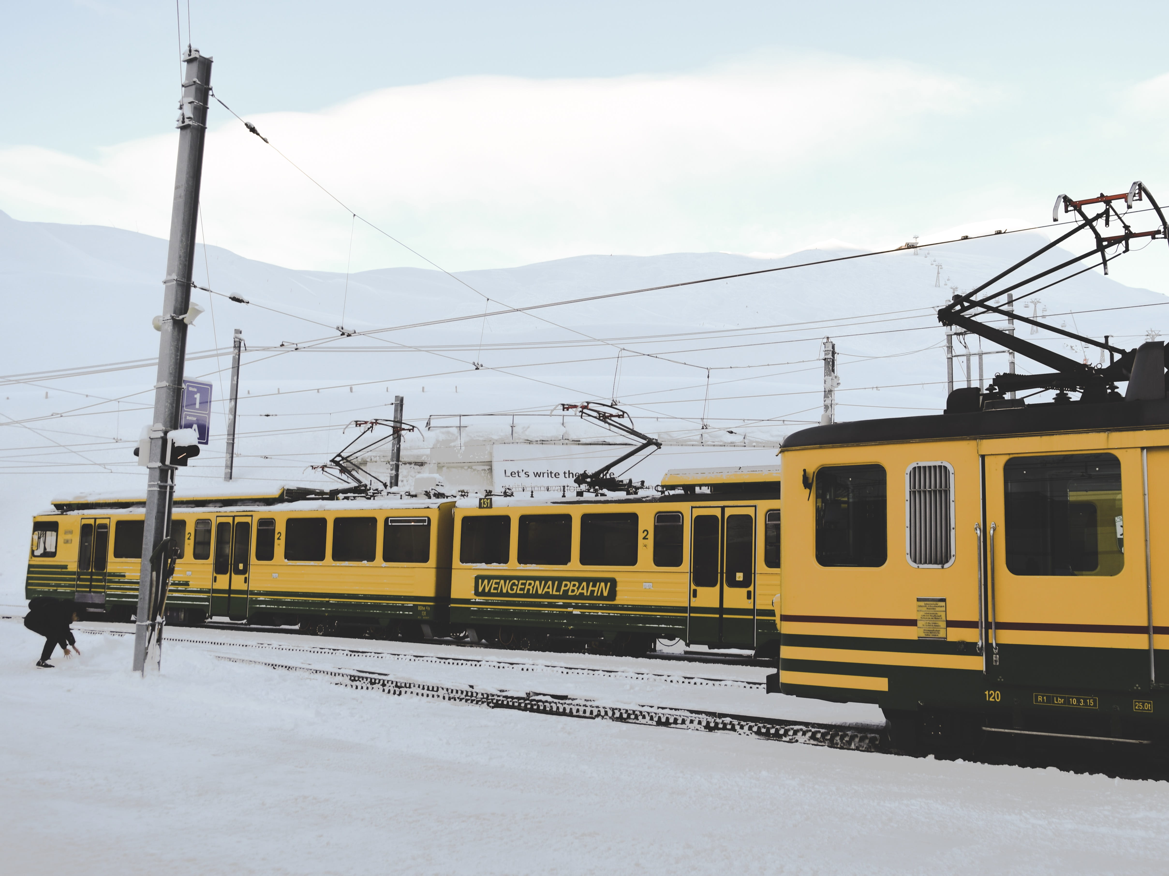 track, winter, nature, sky, rail transportation, train, day, architecture, no people, power supply, land vehicle, 4K, cable, outdoors, switzerland, snow, HD Wallpaper
