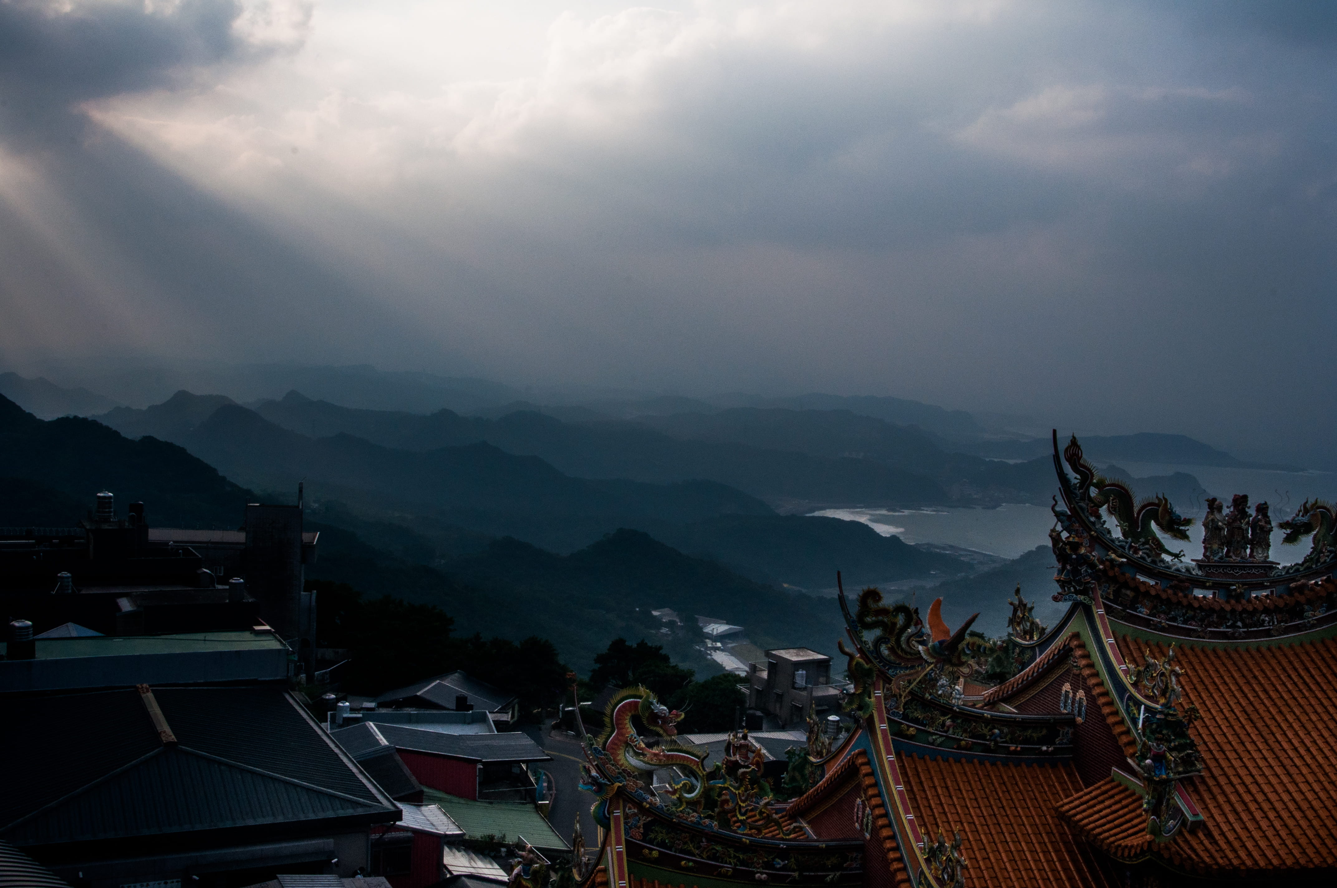 sky, scenics - nature, hills, architecture, clouds, building, beauty in nature, mountain, travel destinations, no people, mountain range, jiufen, sunlight, HD Wallpaper