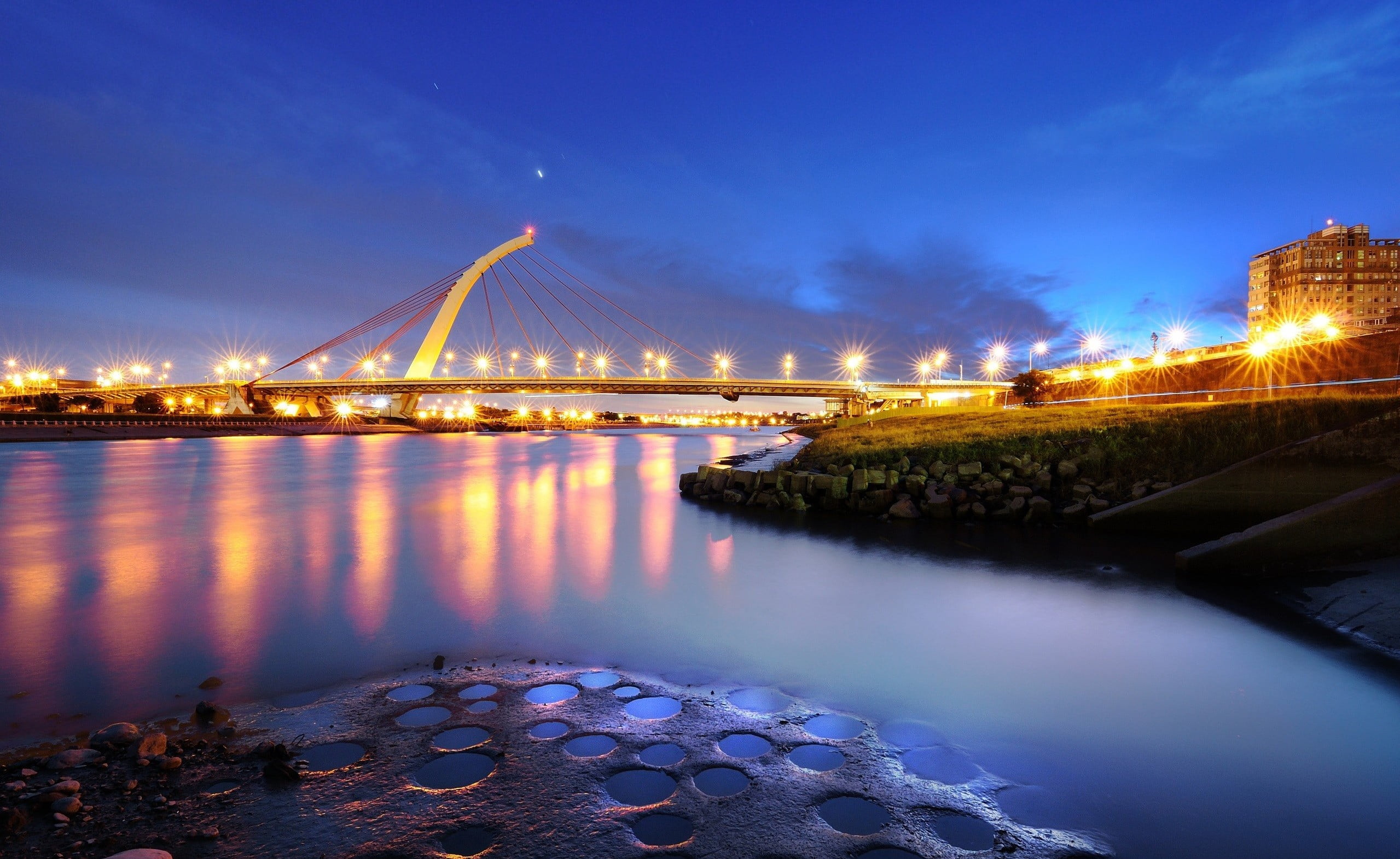 outdoors, 1080P, sky, architecture, cloud - sky, lights, Taiwan, bridge - man made structure, white, sailing, water, nature, travel destinations, illuminated, HD Wallpaper