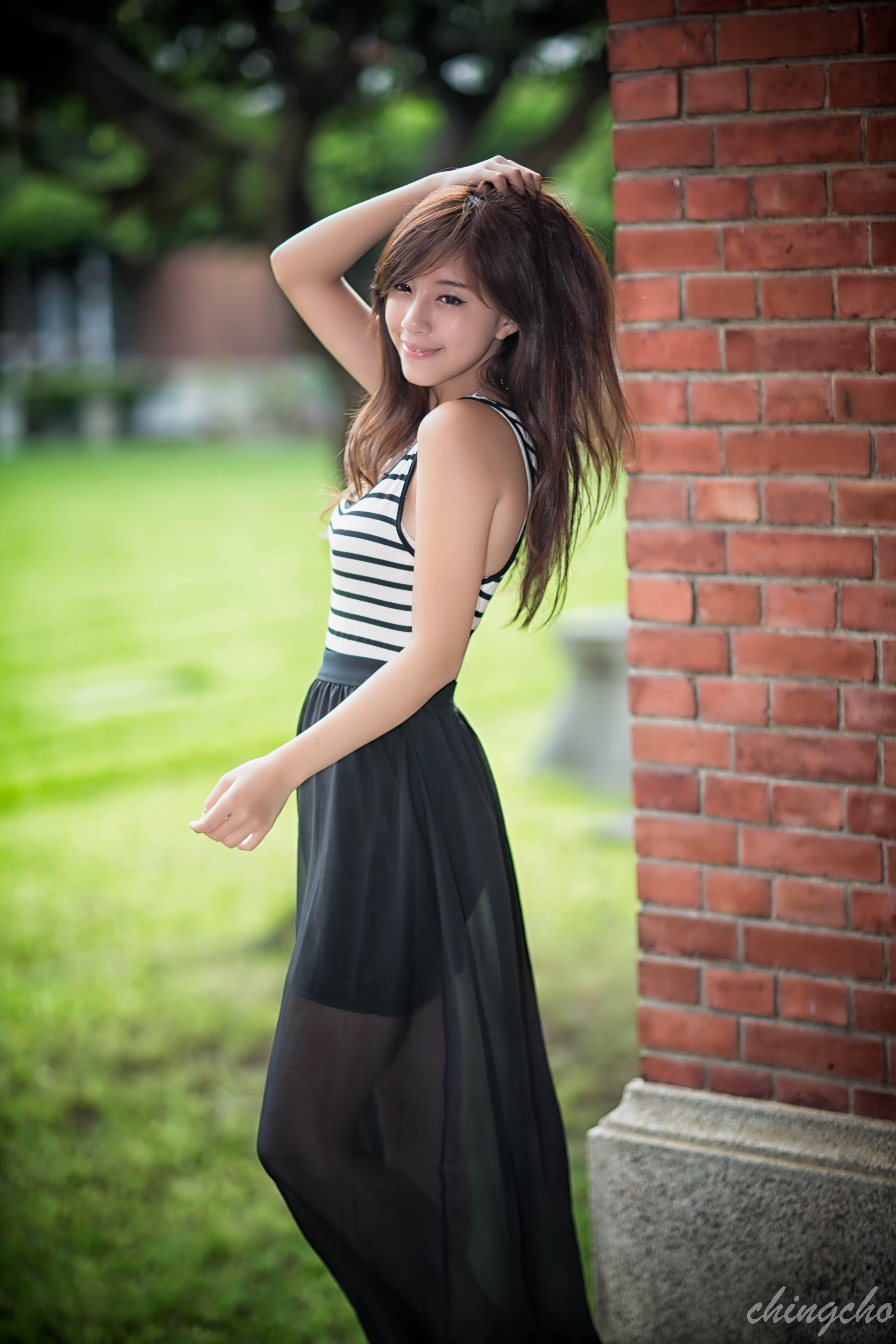 outdoors, long hair, young adult, hair, portrait, clothing, hairstyle, Taiwanese, dress, standing, smiling, Taiwan, chingcho, depth of field, three quarter length, Phone HD Wallpaper
