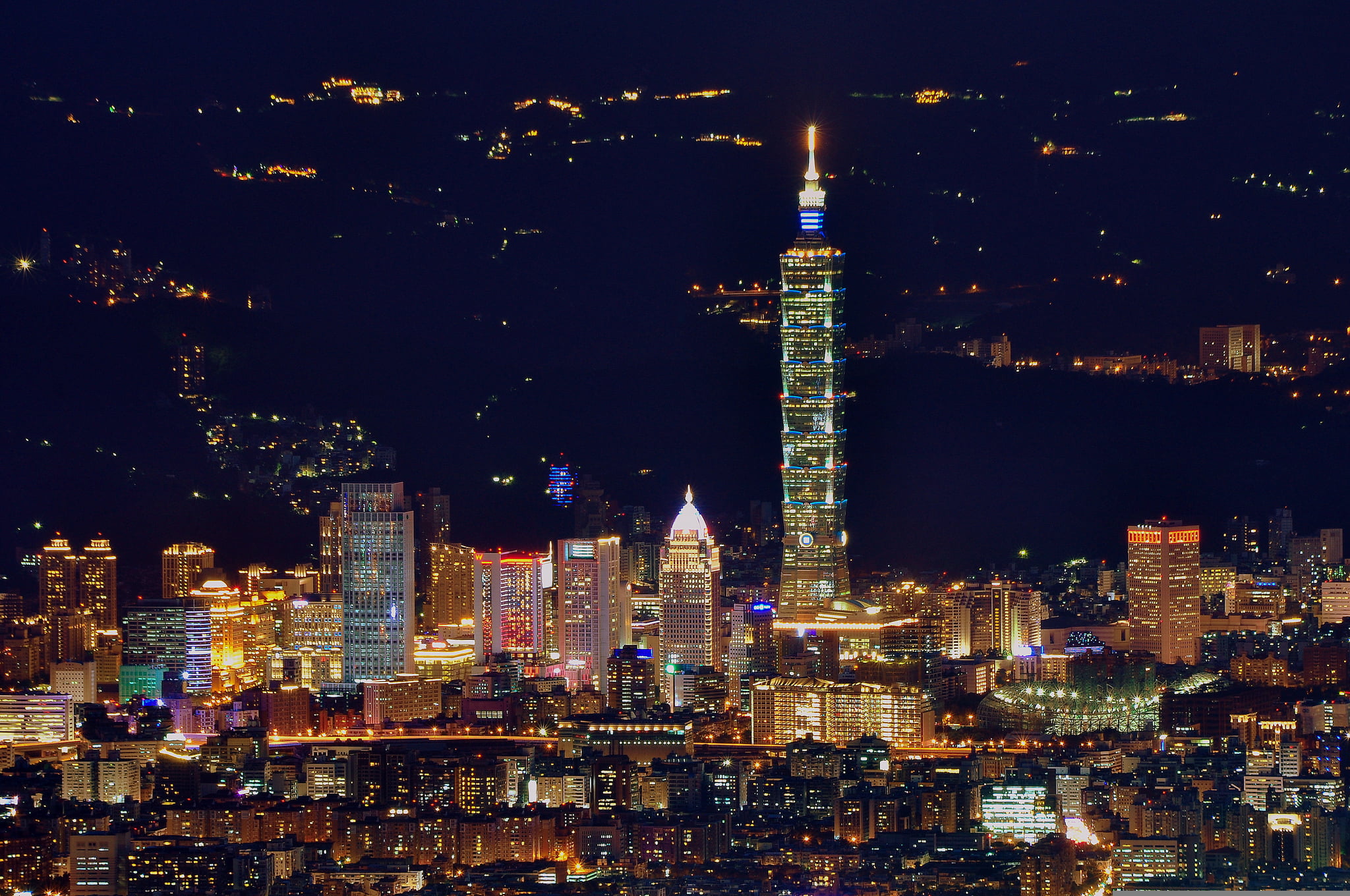 China, Taiwan, tall - high, building exterior, office building exterior, skyscraper, night city, building, sky, financial district, illuminated, 1080P, HD Wallpaper