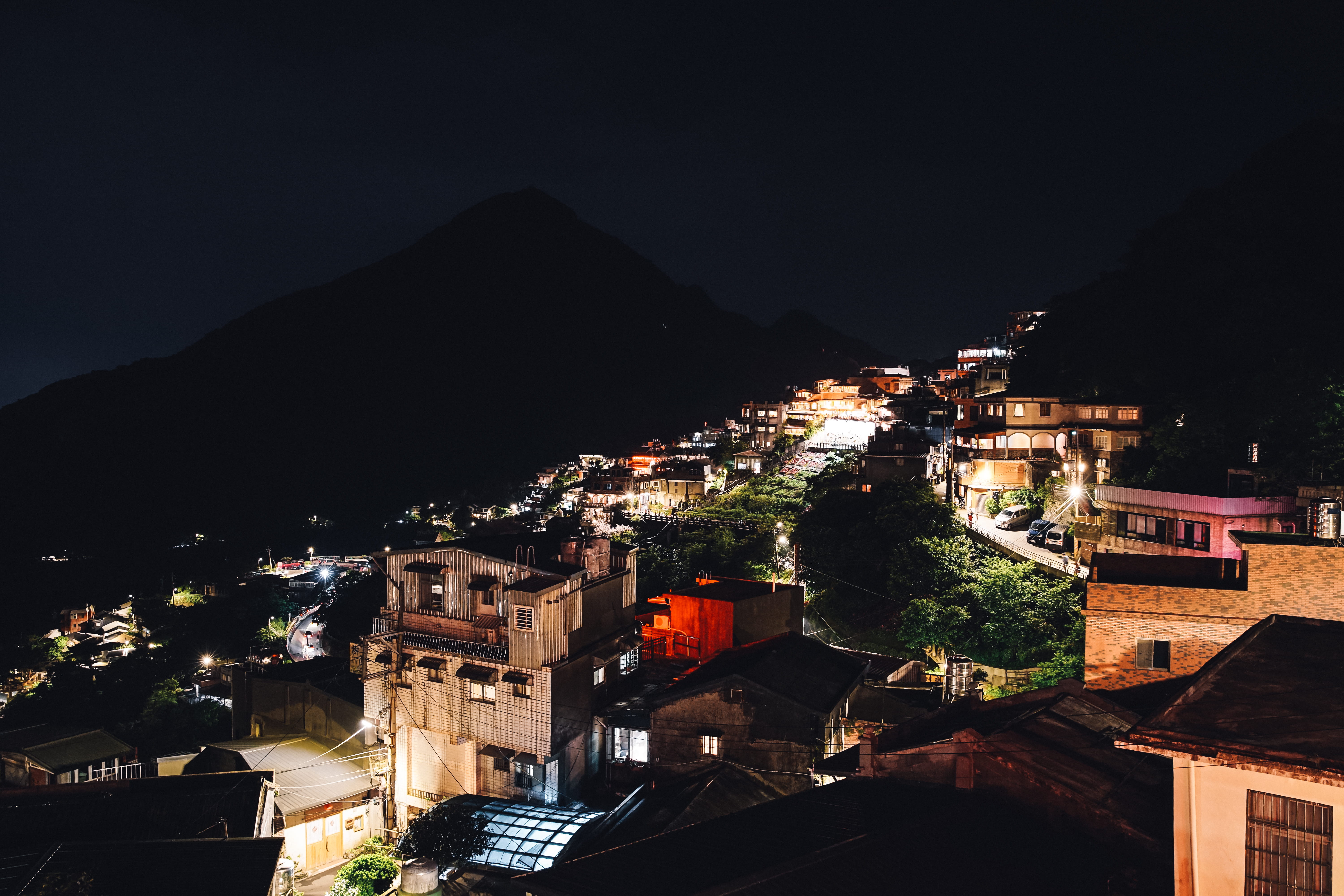 built structure, architecture, sky, townscape, high angle view, 5K, cityscape, building exterior, outdoors, night, village, illuminated, house, taiwan, HD Wallpaper