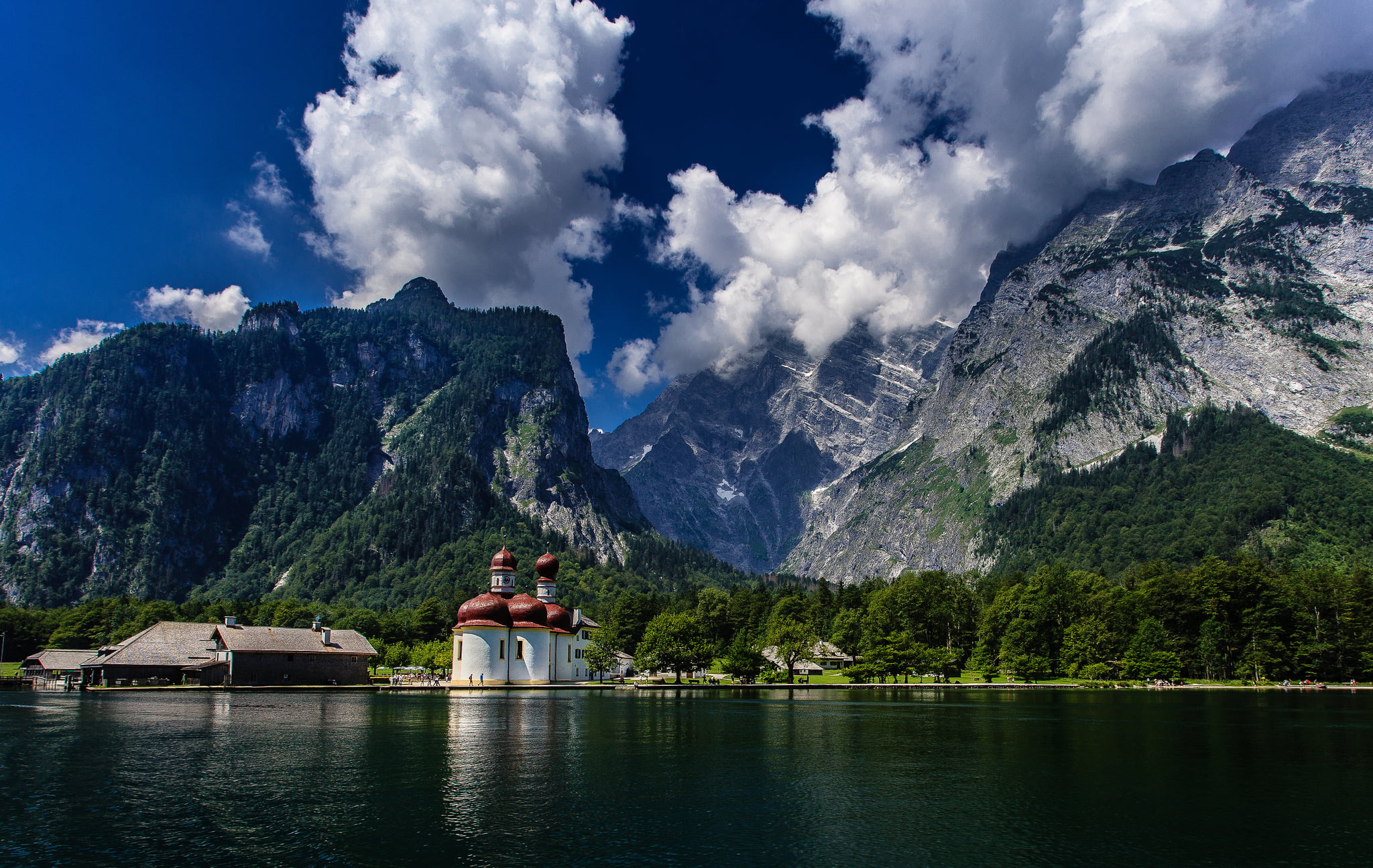 idyllic, Watzmann mountain, Königssee lake, tranquil scene, mountain range, tree, 1080P, Bavaria, lake, Germany, scenics - nature, beauty in nature, Church, HD Wallpaper