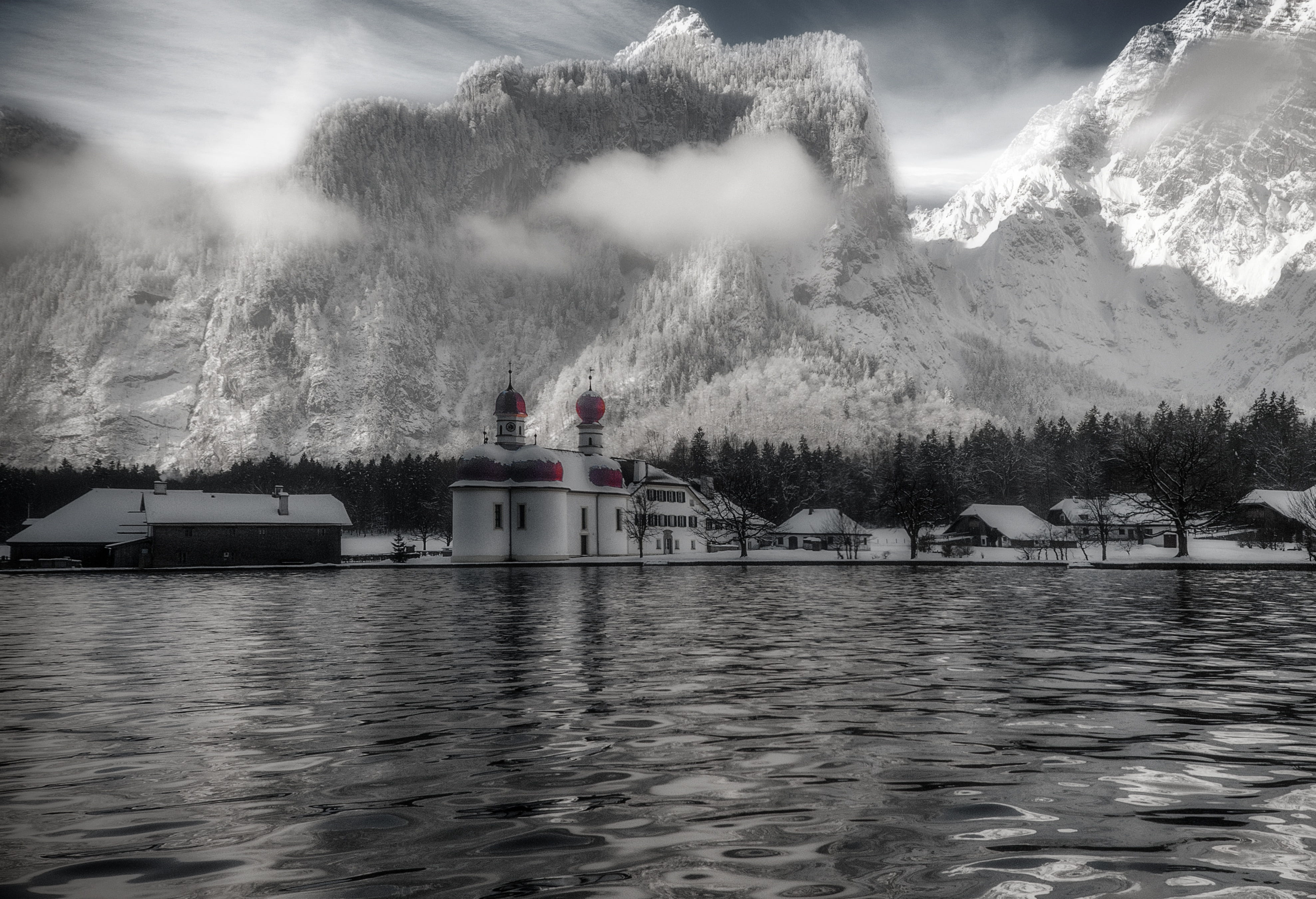 outdoors, no people, mountain, tree, day, sky, built structure, beauty in nature, plant, scenics - nature, waterfront, bartholomä st, winter, nautical vessel, HD Wallpaper