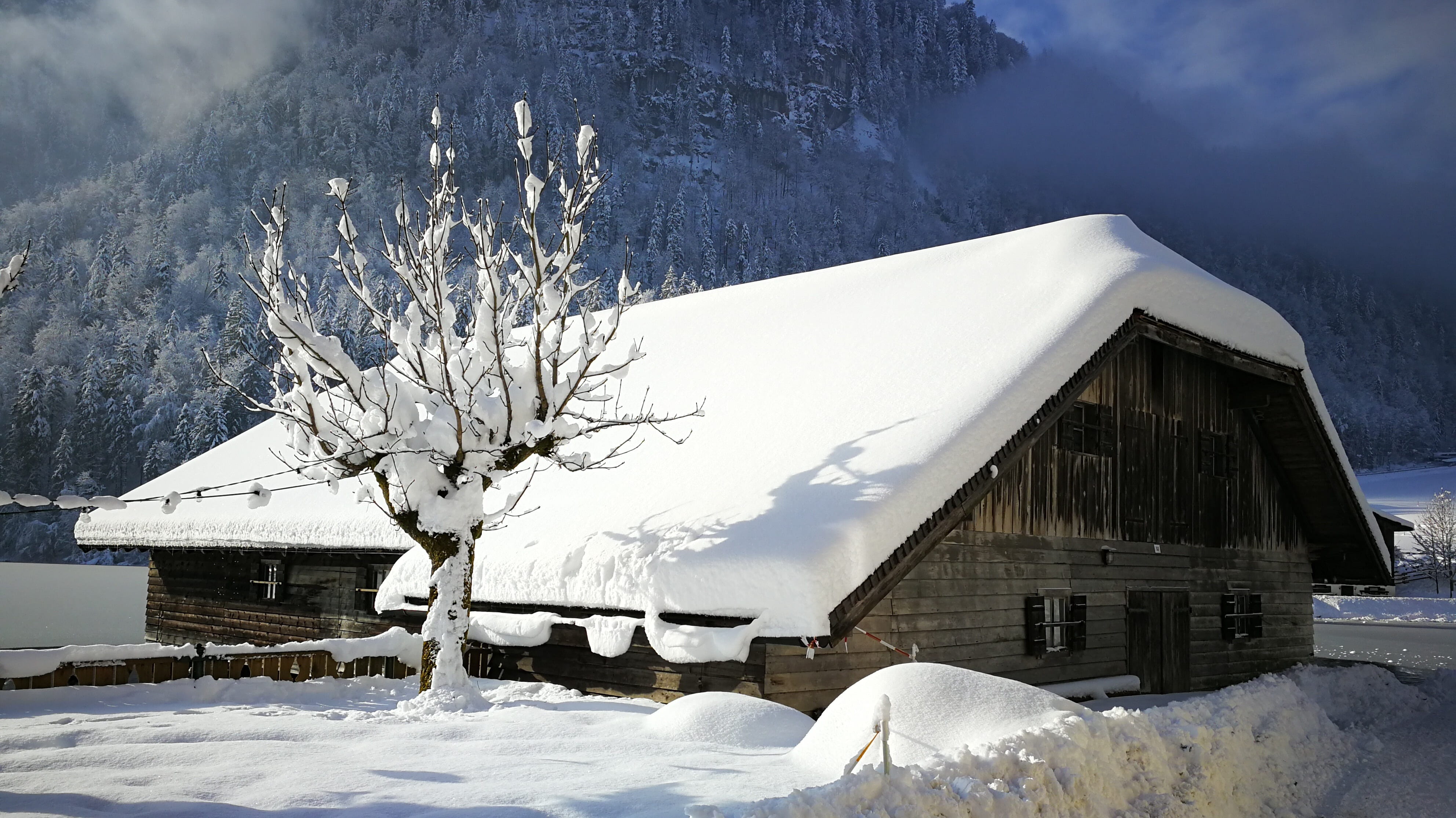 bavaria, berchtesgadener land, building exterior, 4K, scenics - nature, königssee, snow, house, architecture, winter, tree, outdoors, leisure, day, hut, HD Wallpaper