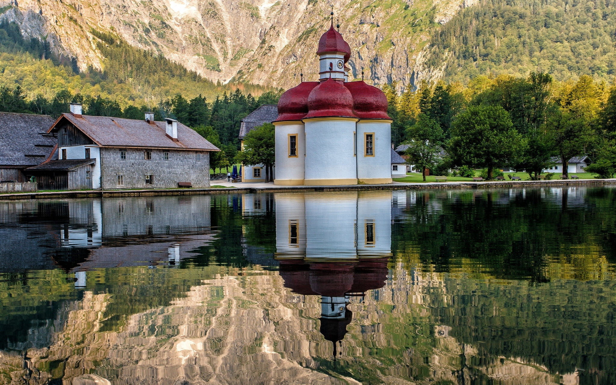 Germany, Bavaria, The Church Of St. Bartholomew, Am Konigssee, lake, reflection, 1080P, Königssee, Bayern, St Bartholomae, HD Wallpaper