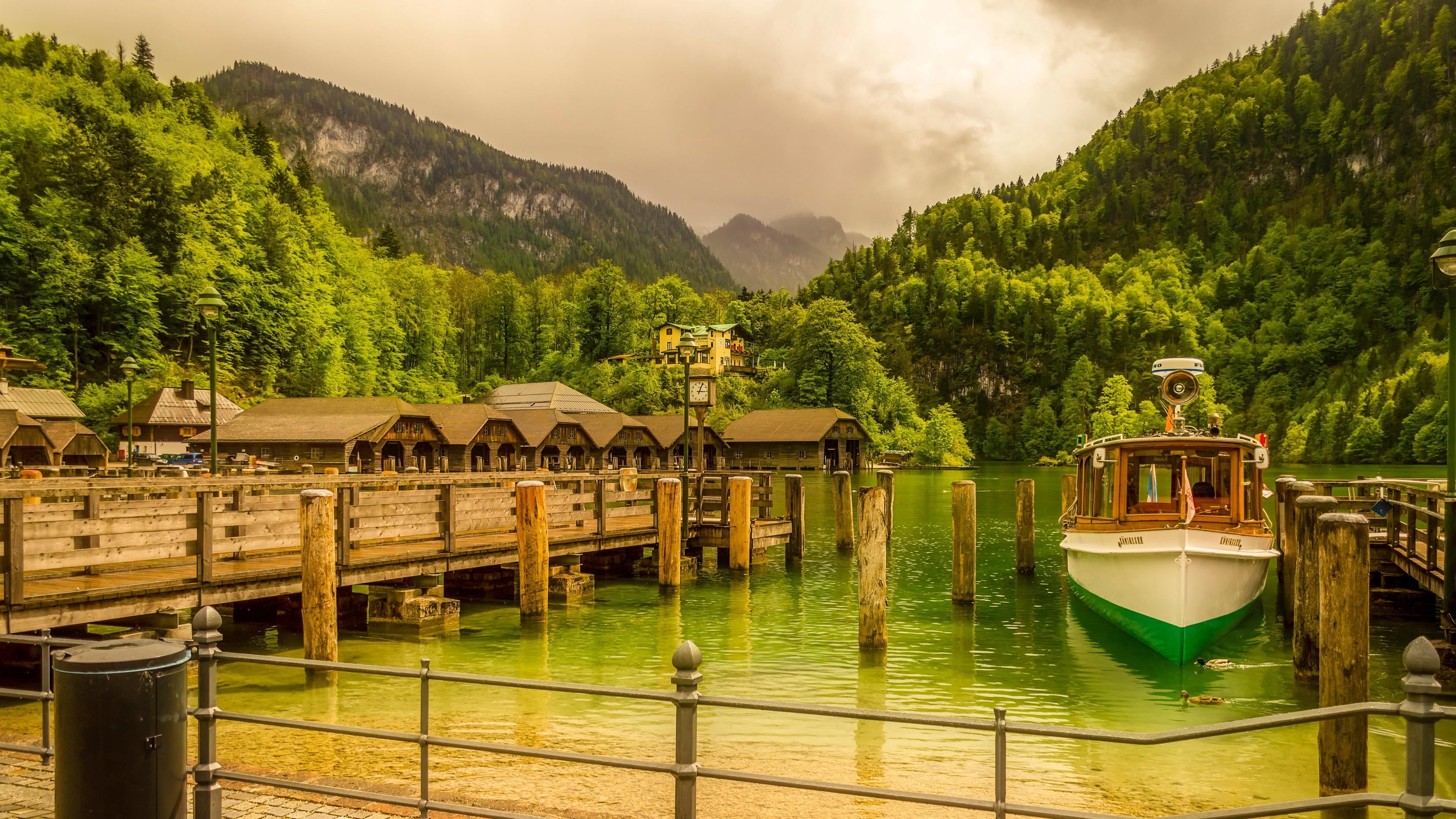 green color, königssee, bank, built structure, green, nature, plant, dock, scenics - nature, boat, 4K, sky, germany, architecture, outdoors, europe, trees, HD Wallpaper