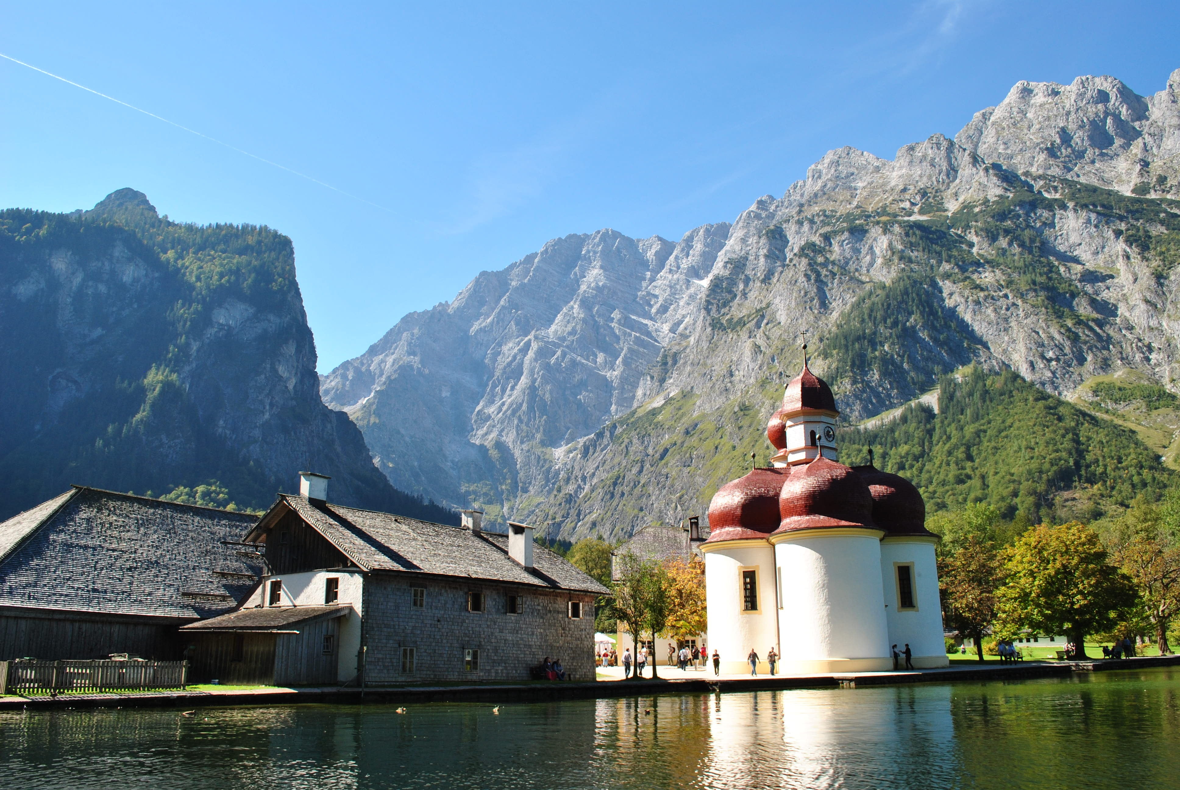 day, religion, mountain, königssee, berchtesgaden, alpine, 4K, no people, place of worship, water, belief, built structure, architecture, building exterior, HD Wallpaper