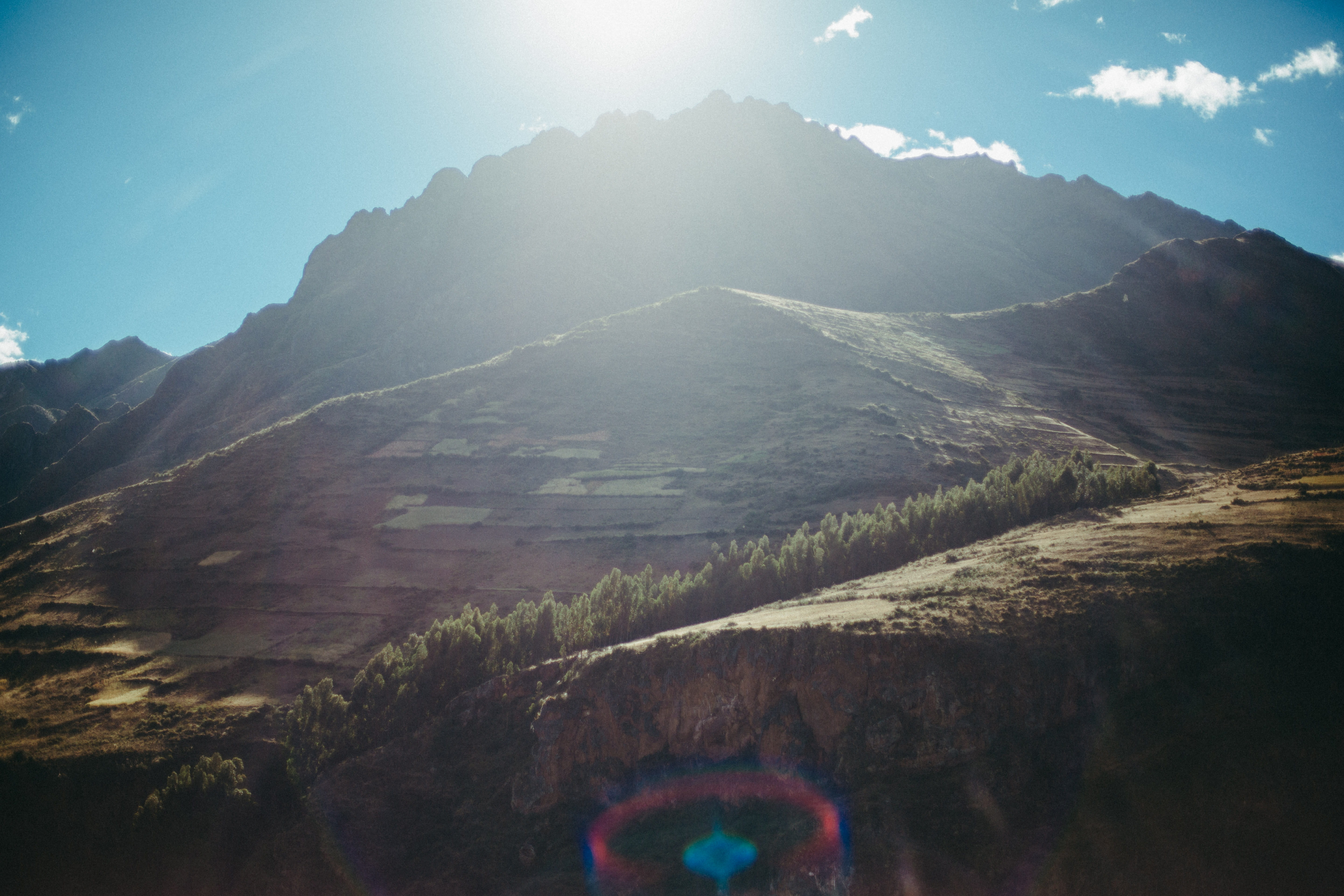 mountain, light flare, lens flare, pachamama, 5K, bright, mountain peak, tranquil scene, sky, landscape, scenics - nature, beauty in nature, sunlight, HD Wallpaper