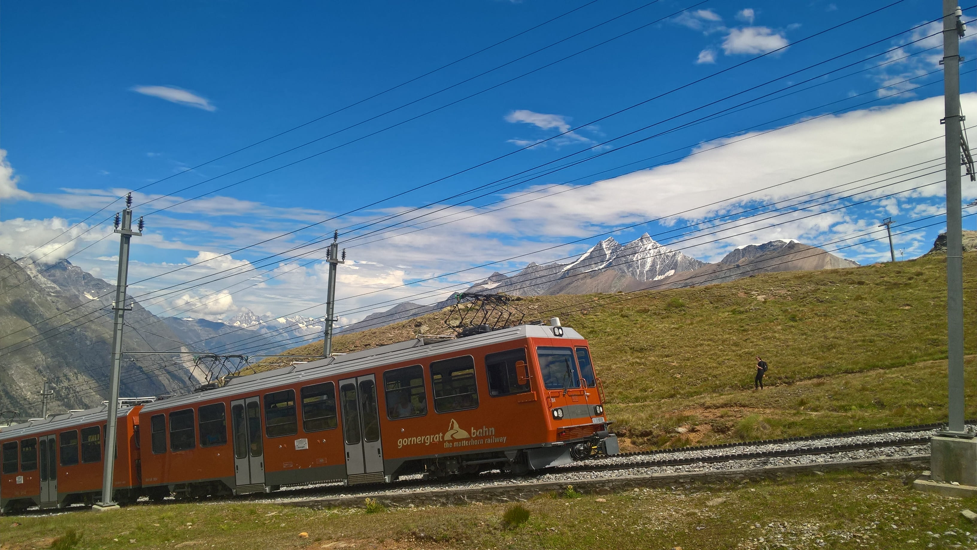 2K, nature, transportation, mode of transportation, railroad track, public transportation, no people, train, snowcapped mountain, technology, electricity, HD Wallpaper