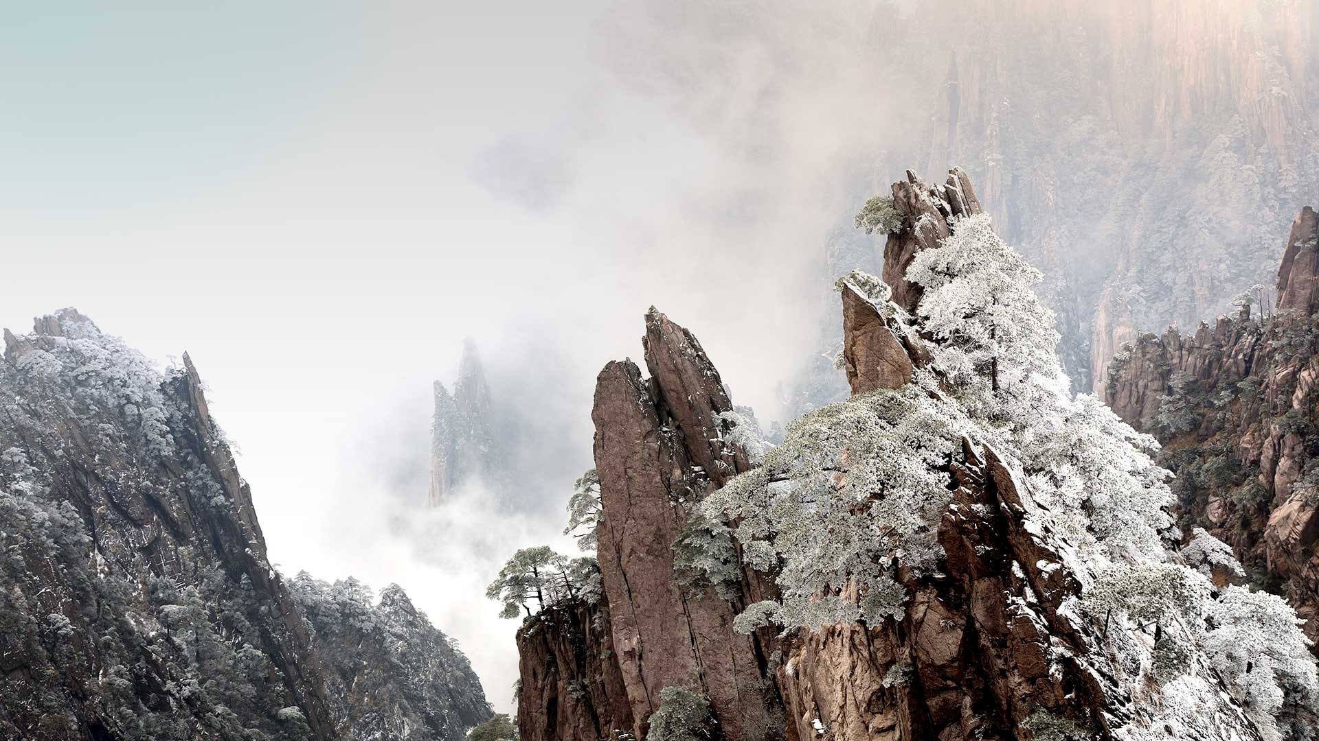 rocks, winter, Huangshan morning, mountains, 1080P, China, Anhui, fog, HD Wallpaper