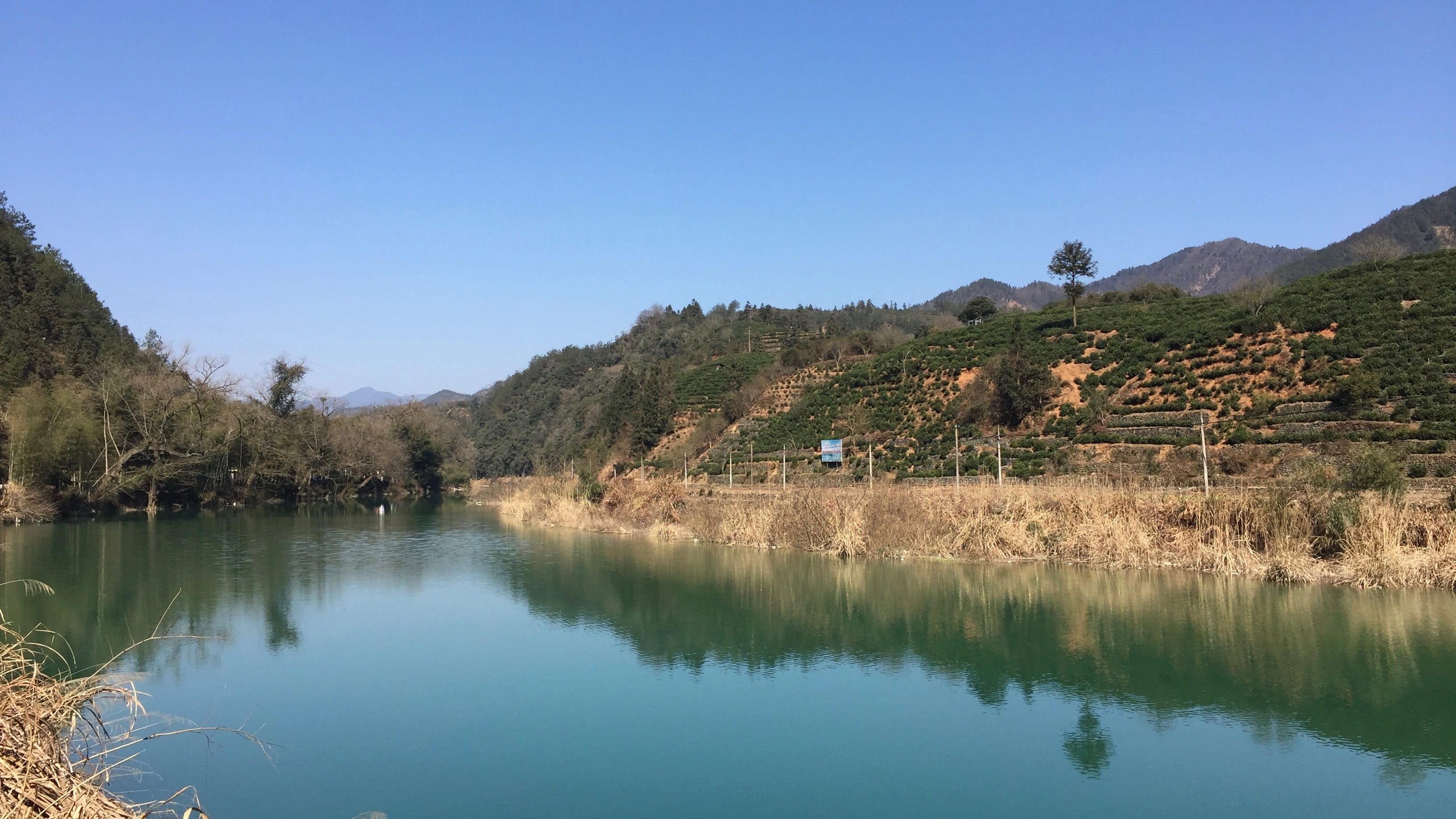 huangshan at the foot of, 2K, no people, blue, tranquility, sky, tree, clear sky, waterfront, copy space, blue sky, nature, scenics - nature, plant, reflection, HD Wallpaper
