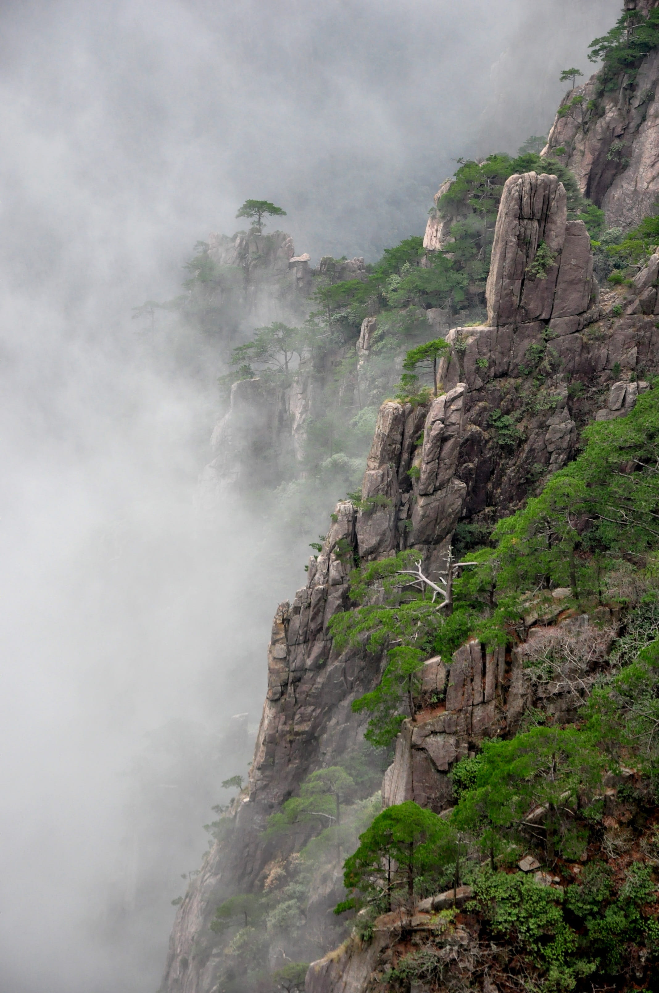 rock formation, cloud, the scenery, black and white, tranquil scene, fog, mountain, natural, rock - object, huangshan, geology, artistic conception, china, Phone HD Wallpaper