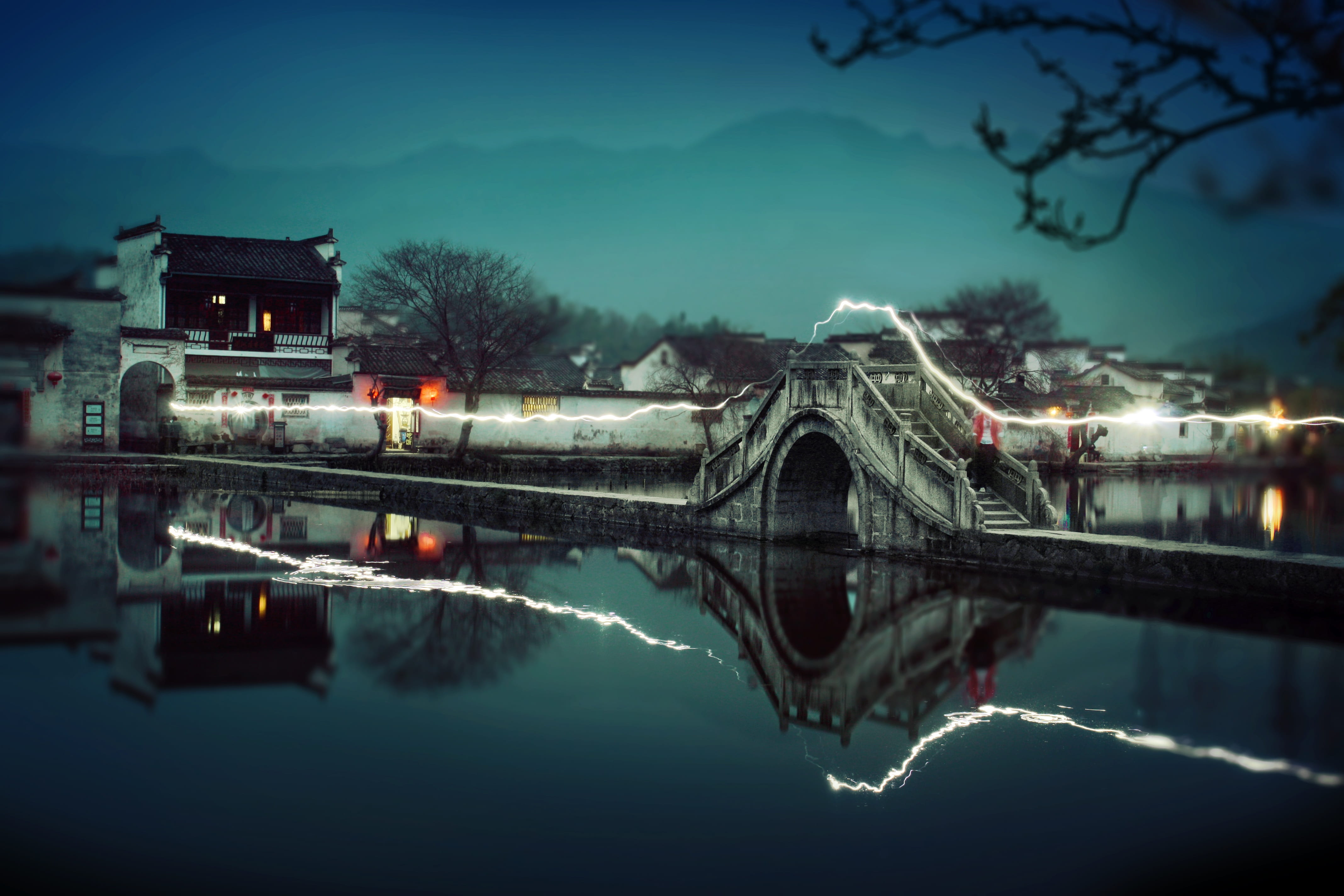 reflection, mountain, time, travel destinations, 4K, timelapse, connection, sky, river, china, architecture, water, anhui, tree, outdoors, waterfront, HD Wallpaper