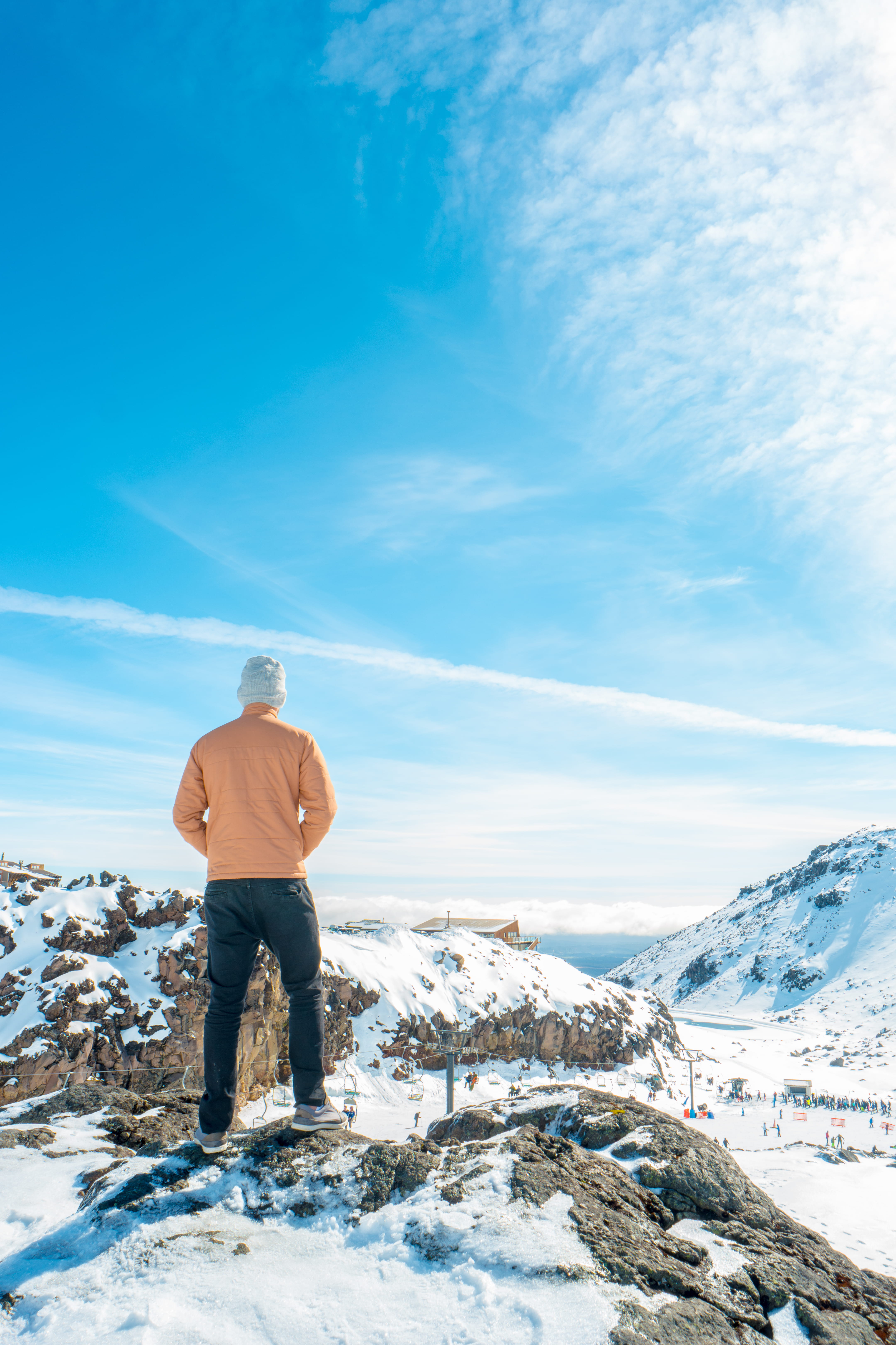 ruapehu, beauty in nature, guy, new zealand, day, real people, jefflssantos, looking at view, standing, nature, outdoors, view, snowcapped mountain, cold temperature, Phone HD Wallpaper