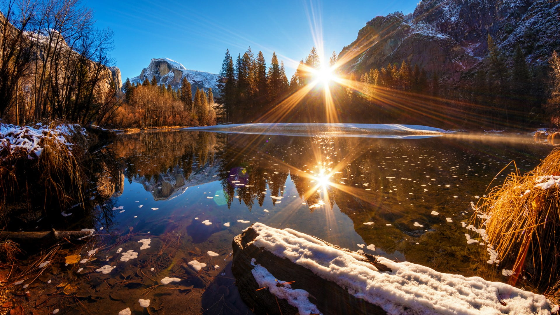 usa, sunlight, lake, 1080P, yosemite valley, reflection, mirror lake, snow, rays, wilderness, sky, winter, landscape, sunrise, sunray, freezing, water, HD Wallpaper