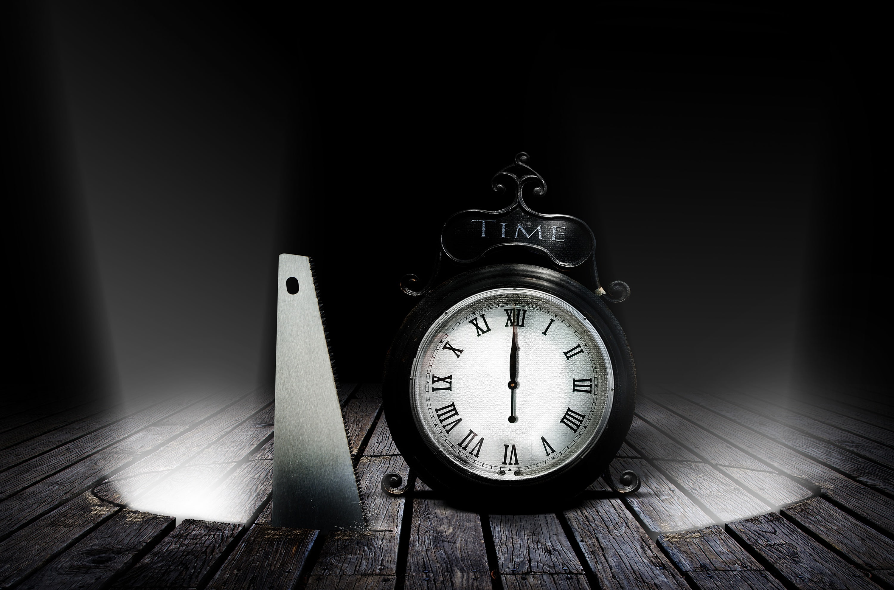 alarm clock, watch, Board, midnight, rays of light, floor, darkness, hacksaw, 2K, saw, HD Wallpaper