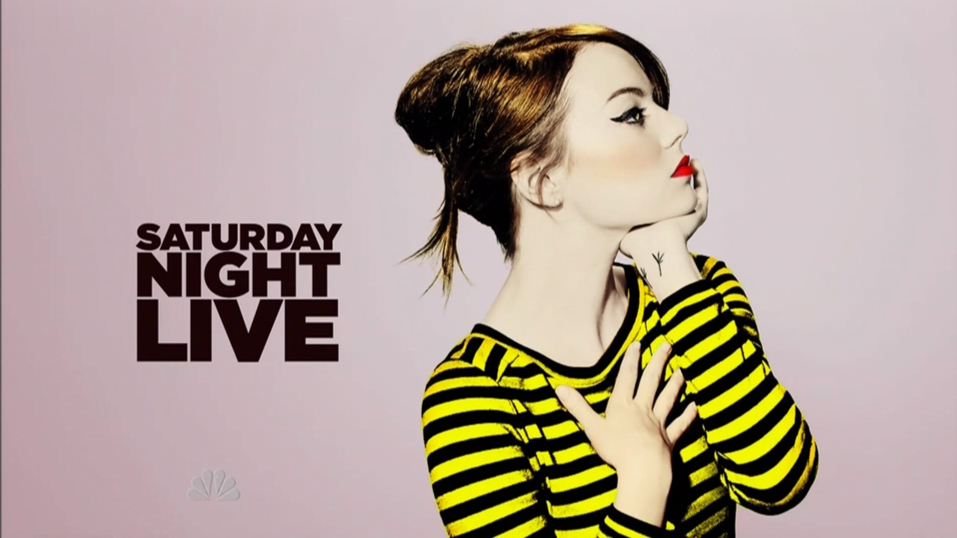 one person, front view, text, waist up, indoors, SNL, casual clothing, women, emma, 1080P, striped, young adult, looking, stone, Emma Stone, beauty, young women, HD Wallpaper