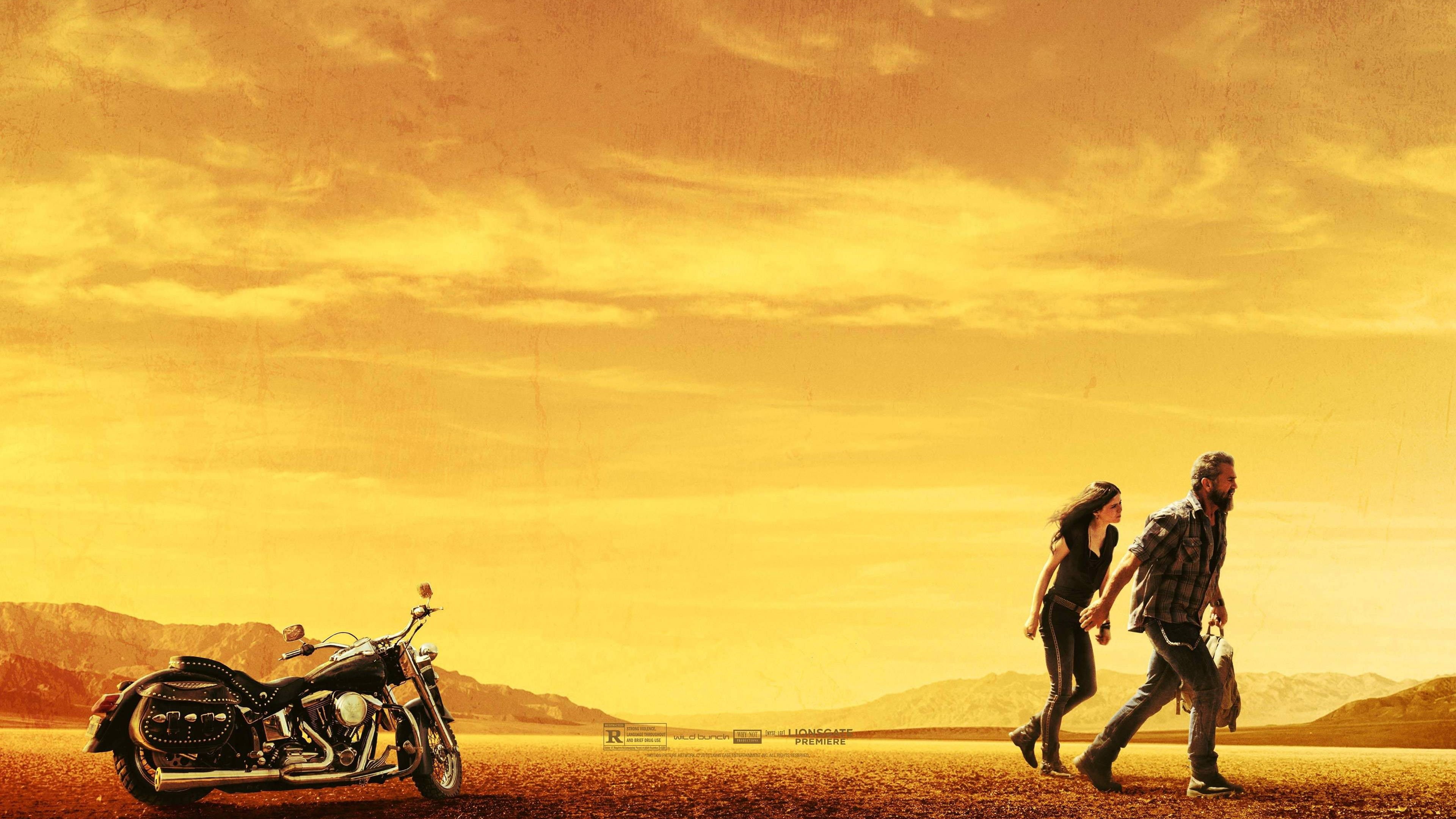 walking, Blood Father, black, couple, orange, touring, motorcycle, near, best movies of 2016, 4K, Mel Gibson, sunset, Erin Moriarty, HD Wallpaper