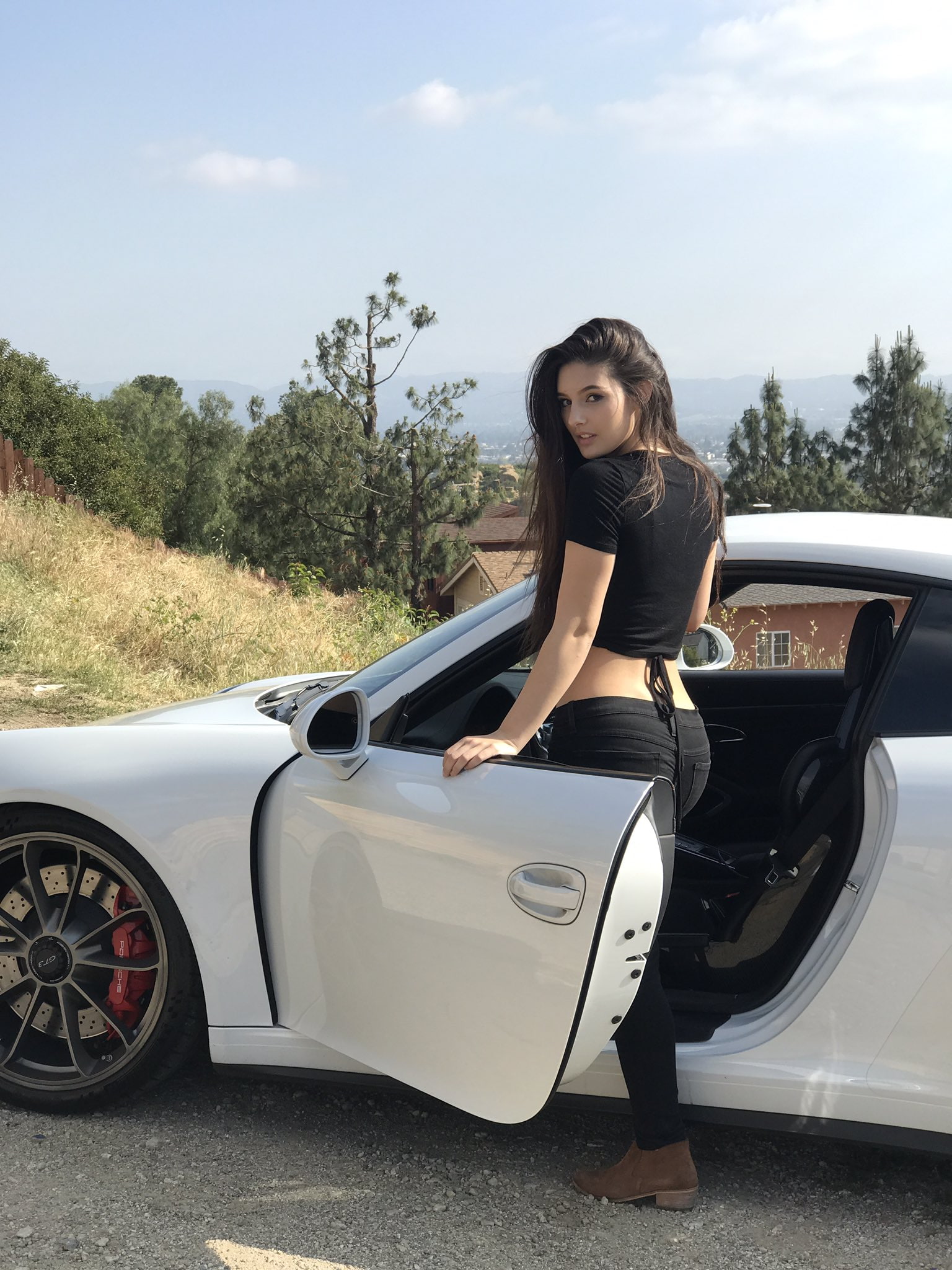women outdoors, looking at viewer, 1080P, Natalie Gibson, black tops, brunette, women with cars, women, model, Phone HD Wallpaper