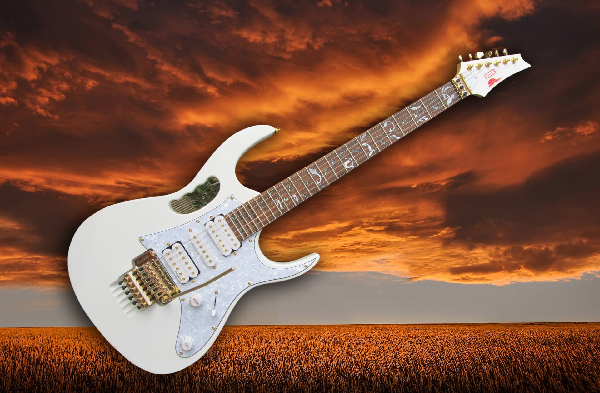 gibson les pauls, musical equipment, sunset, emotion, digital composite, white, sky, 1080P, rock, instrument, field, dramatic sky, guitar, rock music, HD Wallpaper