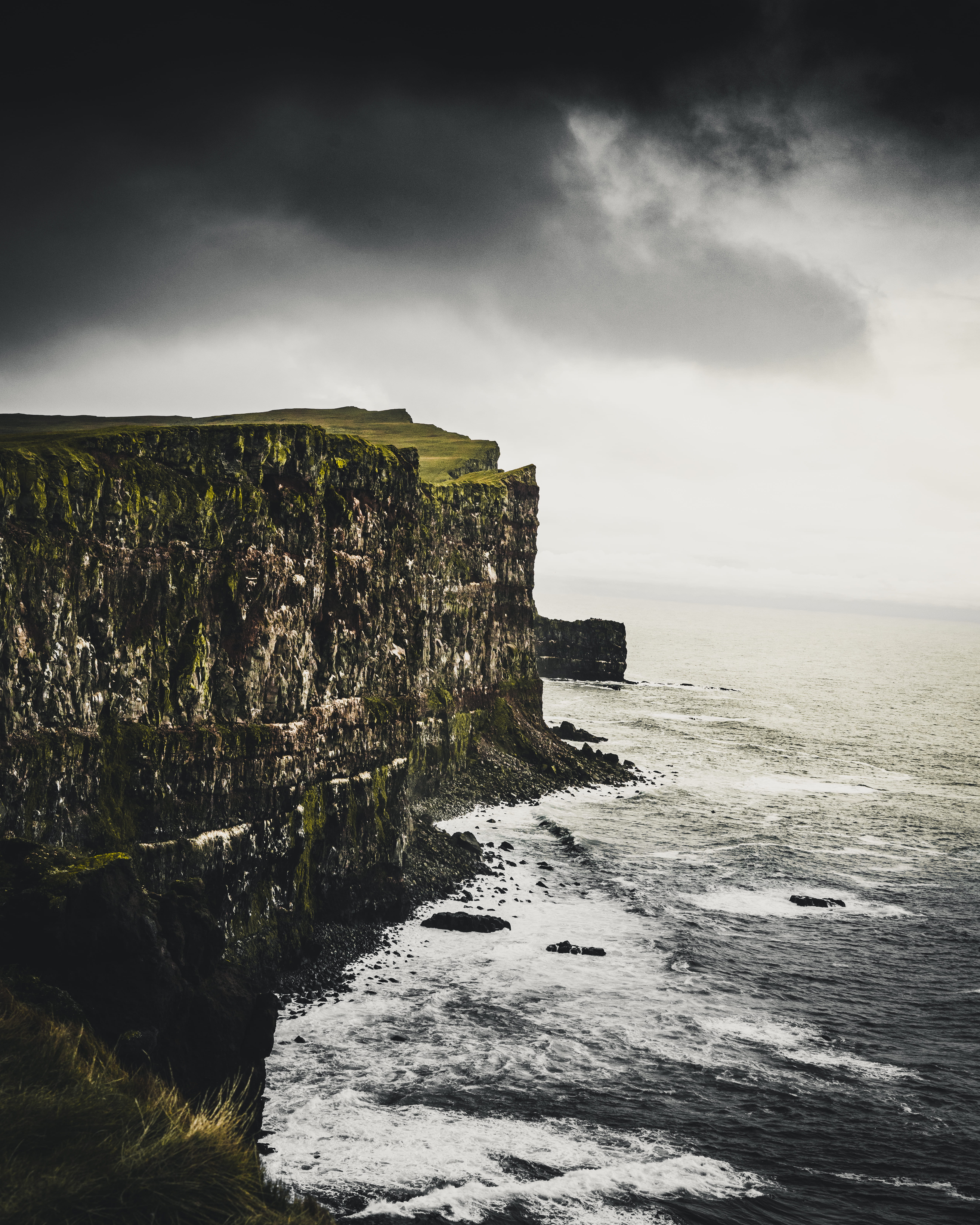 motion, tranquility, solid, nature, rocky coastline, clouds, promontory, shallow, mountain, sea, beach, water, rock formation, ocean, cloud - sky, horizon over water, Phone HD Wallpaper