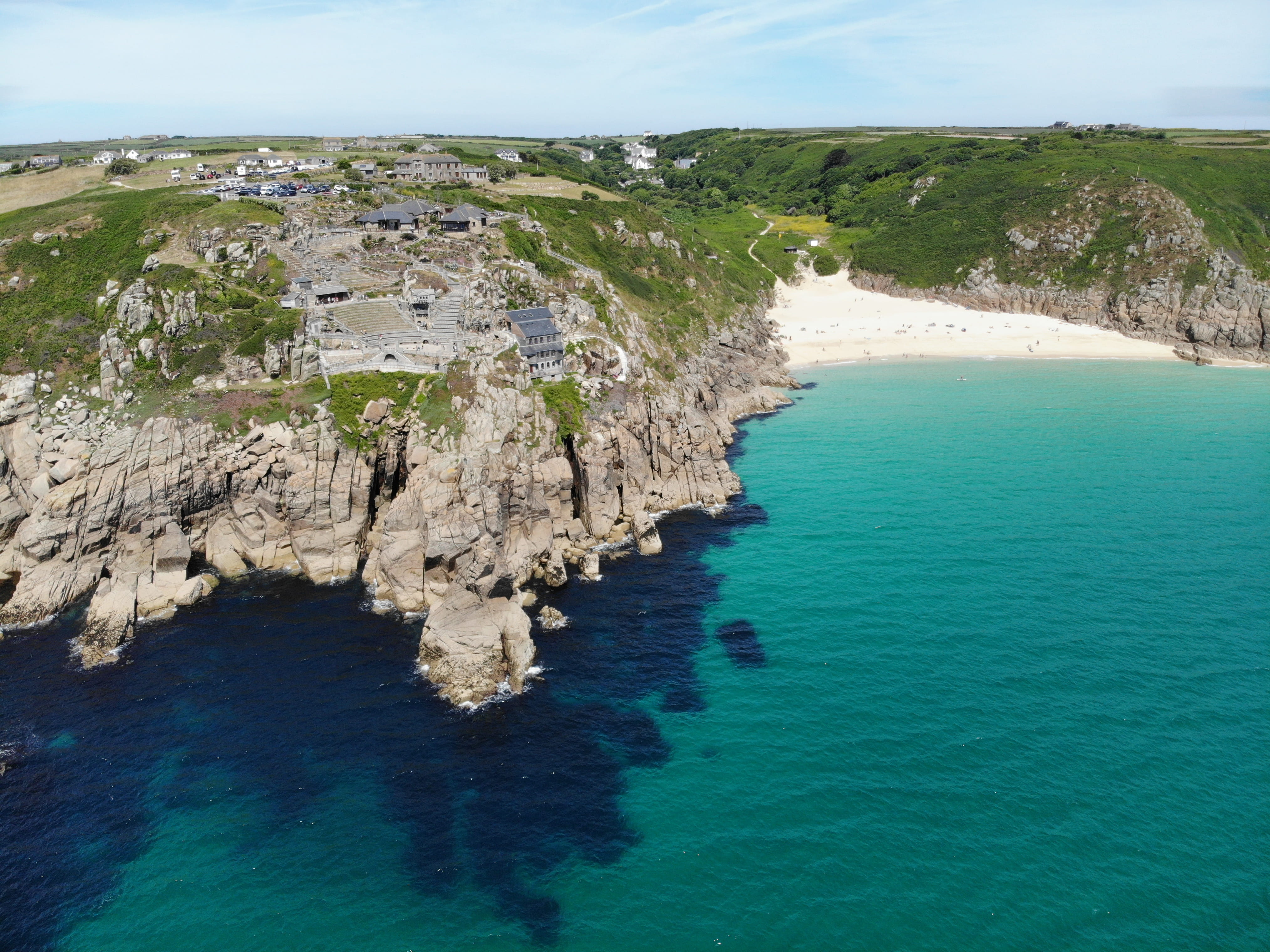 sky, rock formation, nature, tranquility, 4K, drone view, beauty in nature, rocky coastline, drone, united kingdom, sea side, village, peninsula, solid, HD Wallpaper