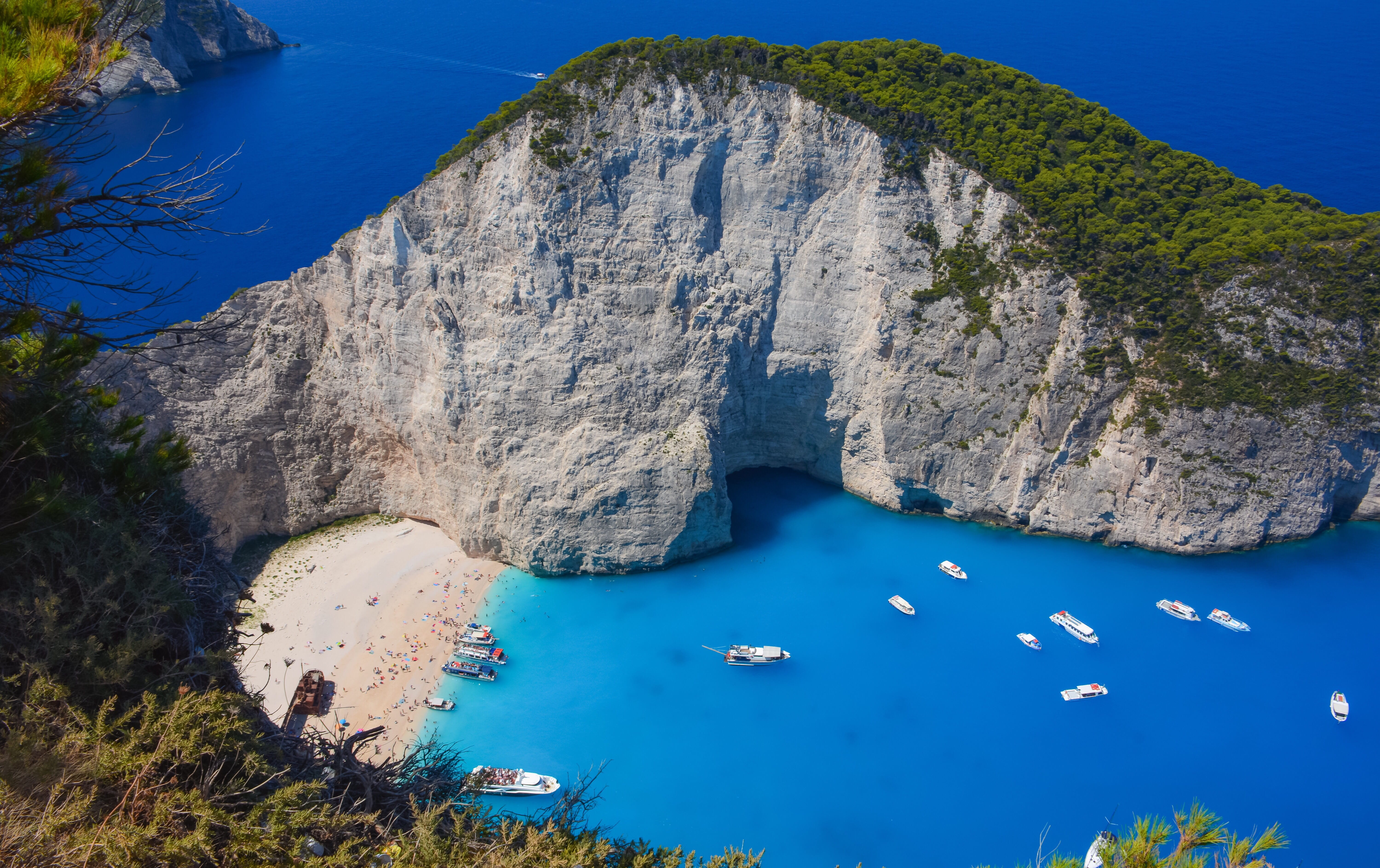 solid, cliff, turquoise colored, greece, mode of transportation, blue, nautical vessel, sand, water, summer, yacht, mountain, sailboat, transportation, HD Wallpaper