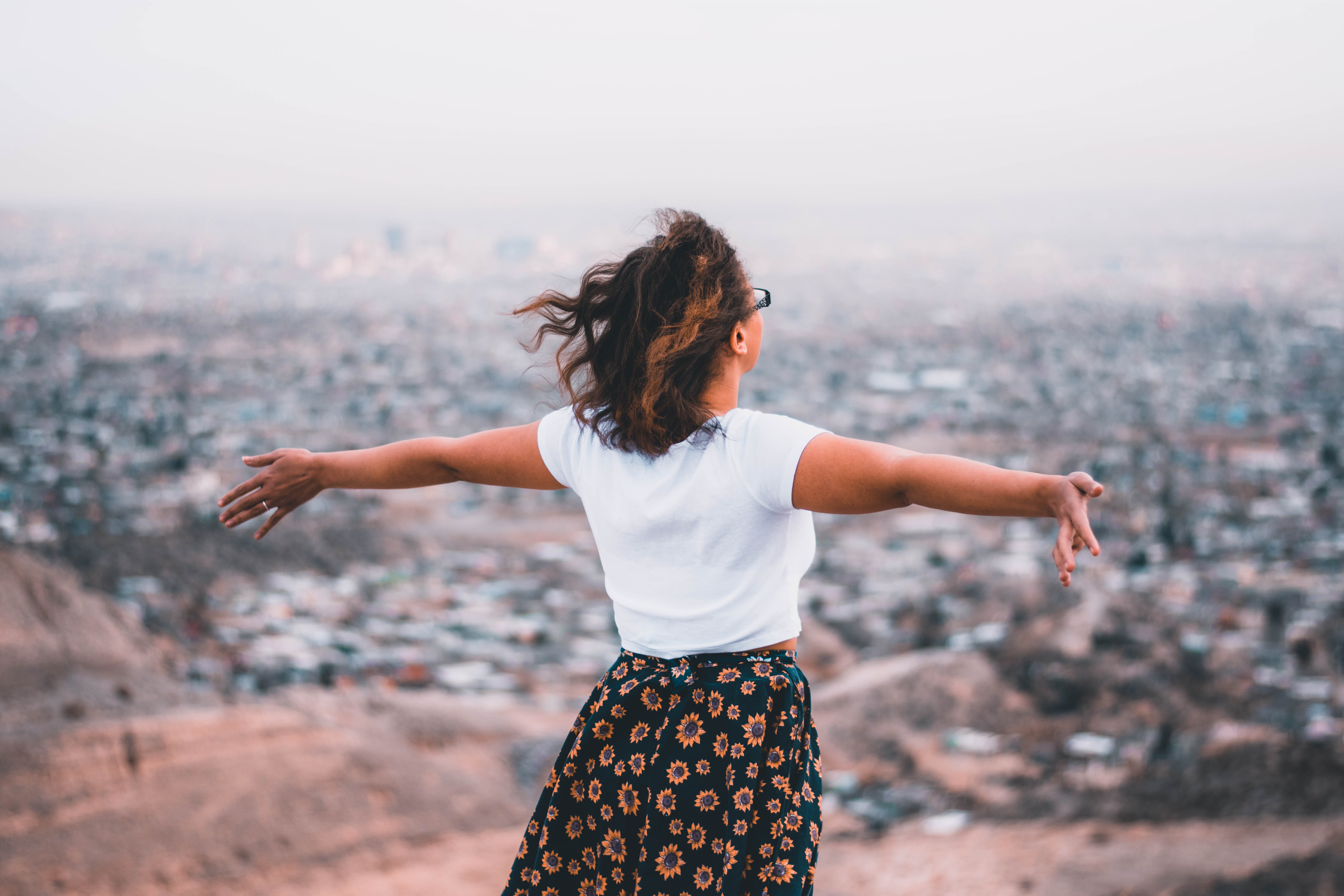 wards, head, side, hair, outdoor, standing, arms, pose, arms raised, women, human arm, focus on foreground, cliff, adult, hill, back, daytime, arms outstretched, HD Wallpaper
