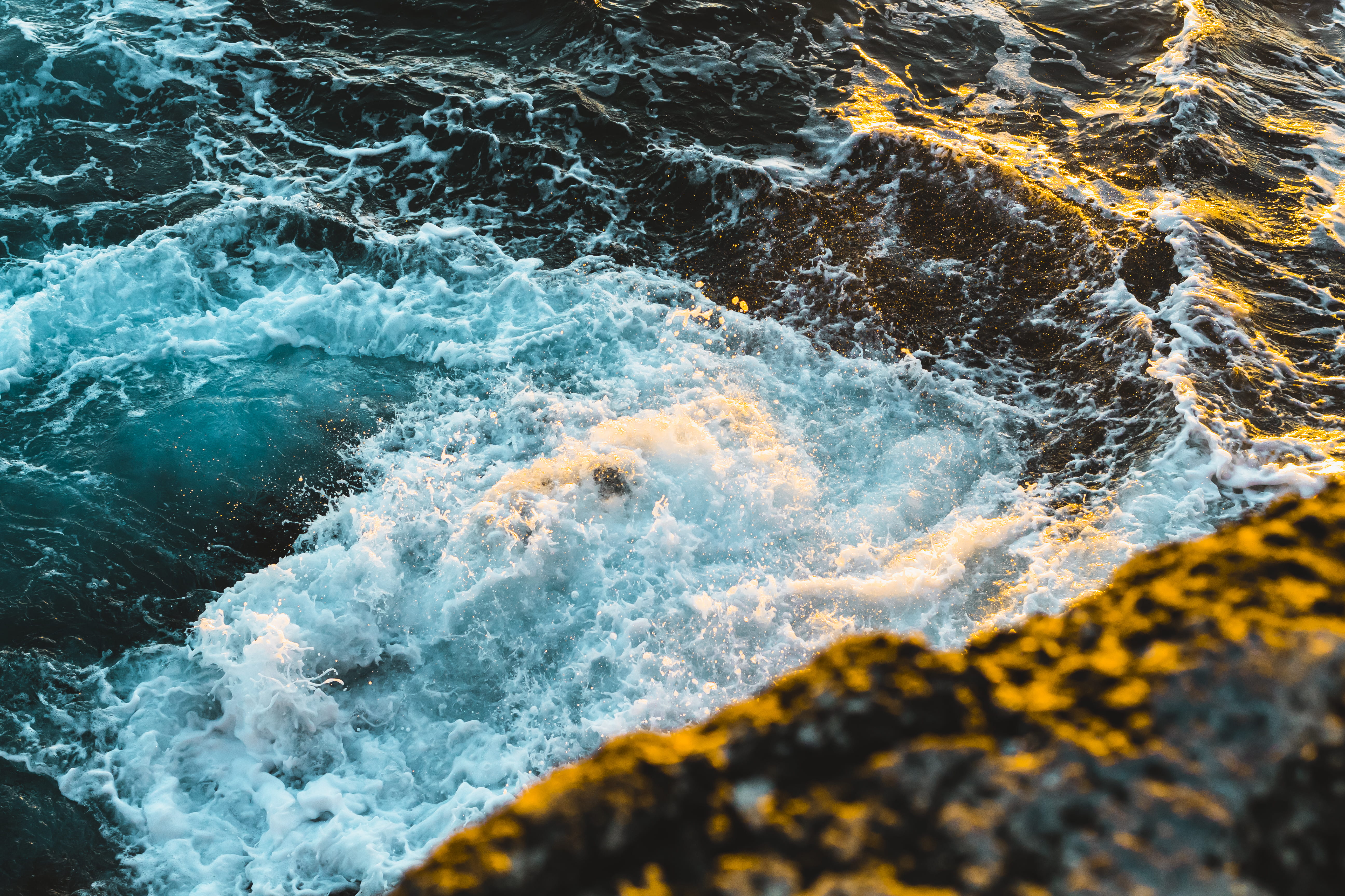 photo, blorange, 5K, golden hour, lapse, backgrounds, rocky cliff, sea side, teal, wave, solid, day, land, wave splash, wet, daytime, ocean, water, moody, HD Wallpaper