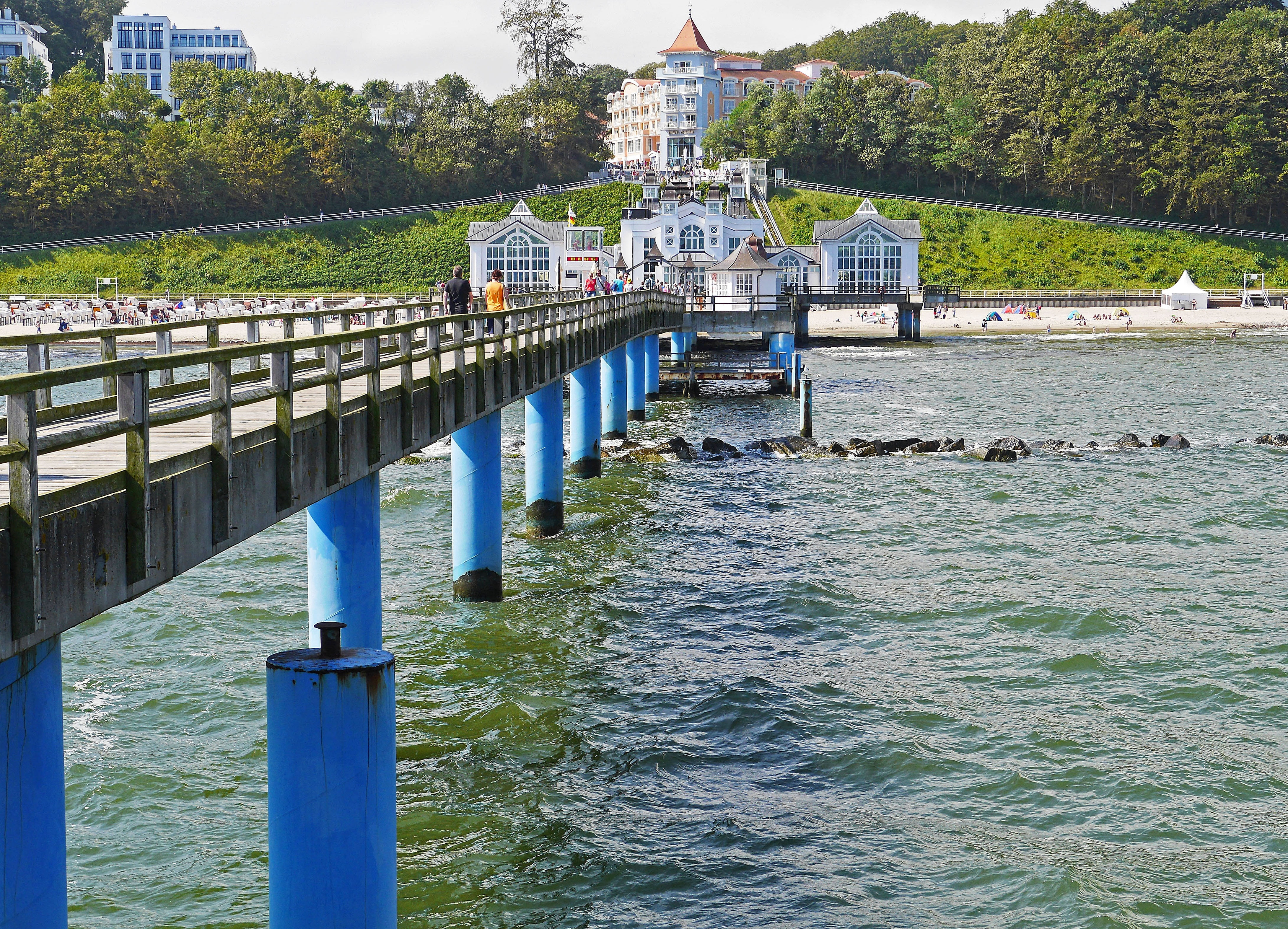 outdoors, building exterior, restaurant, plant, built structure, water, mode of transportation, sea bridge, connection, stone wall, rügen, architectural column, HD Wallpaper