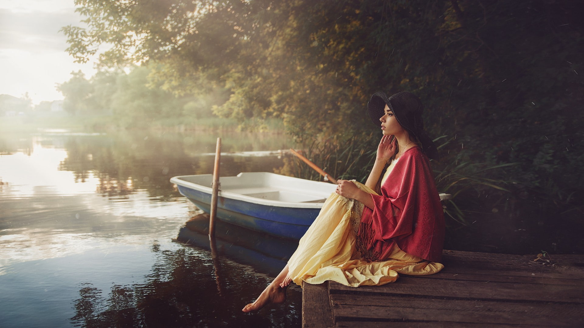 mist, hazy, hat, barefoot, women outdoors, boat, brunette, pier, millinery, river, 1080P, side view, women, dress, Maks Kuzin, HD Wallpaper