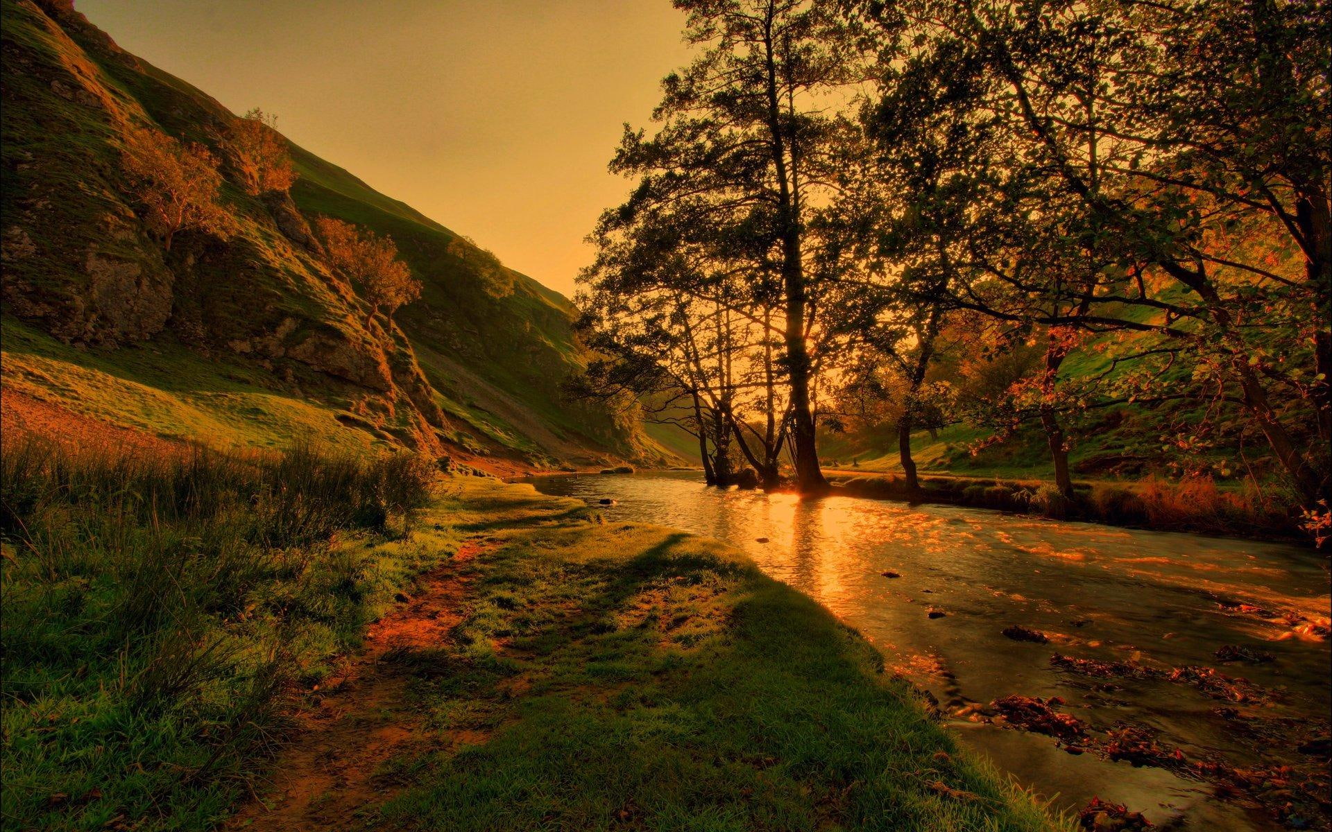1080P, river, wonderful, mountain, nature and landscapes, valley, tall, side, foothill, sunset, trees, HD Wallpaper