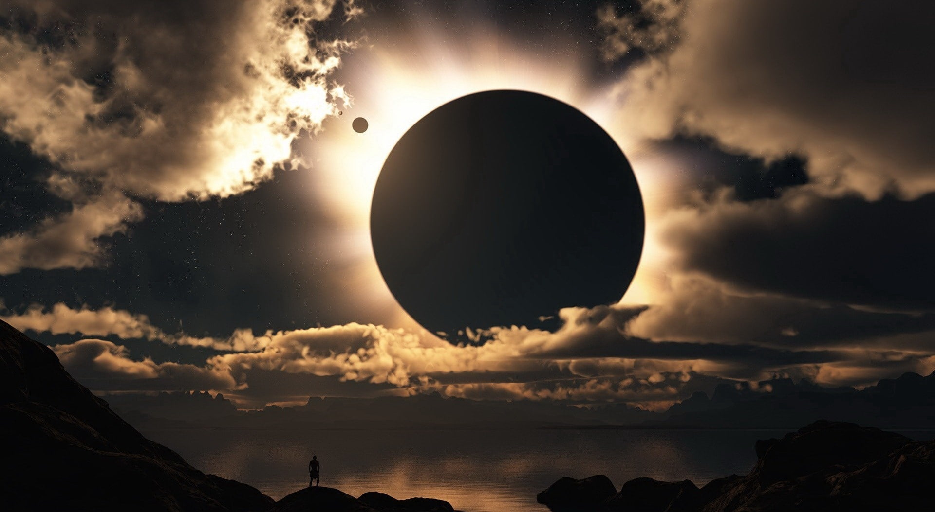 sky, sea, sunset, scenics - nature, moon, cloud - sky, darkness, mountain, dark, tranquility, panorama, Sun and Sky, night, yellow, tranquil scene, land, HD Wallpaper