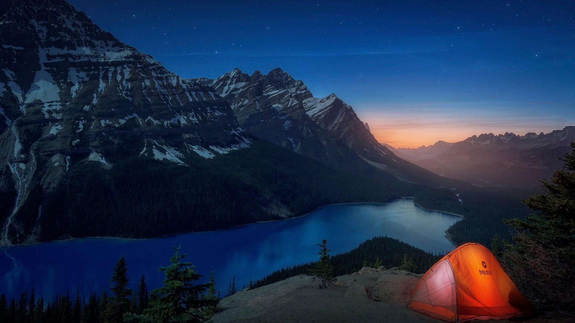 mount scenery, canada, tranquility, landscape, banff national park, atmosphere, star - space, 1080P, tranquil scene, activity, astronomy, tent, lake, scenics - nature, HD Wallpaper