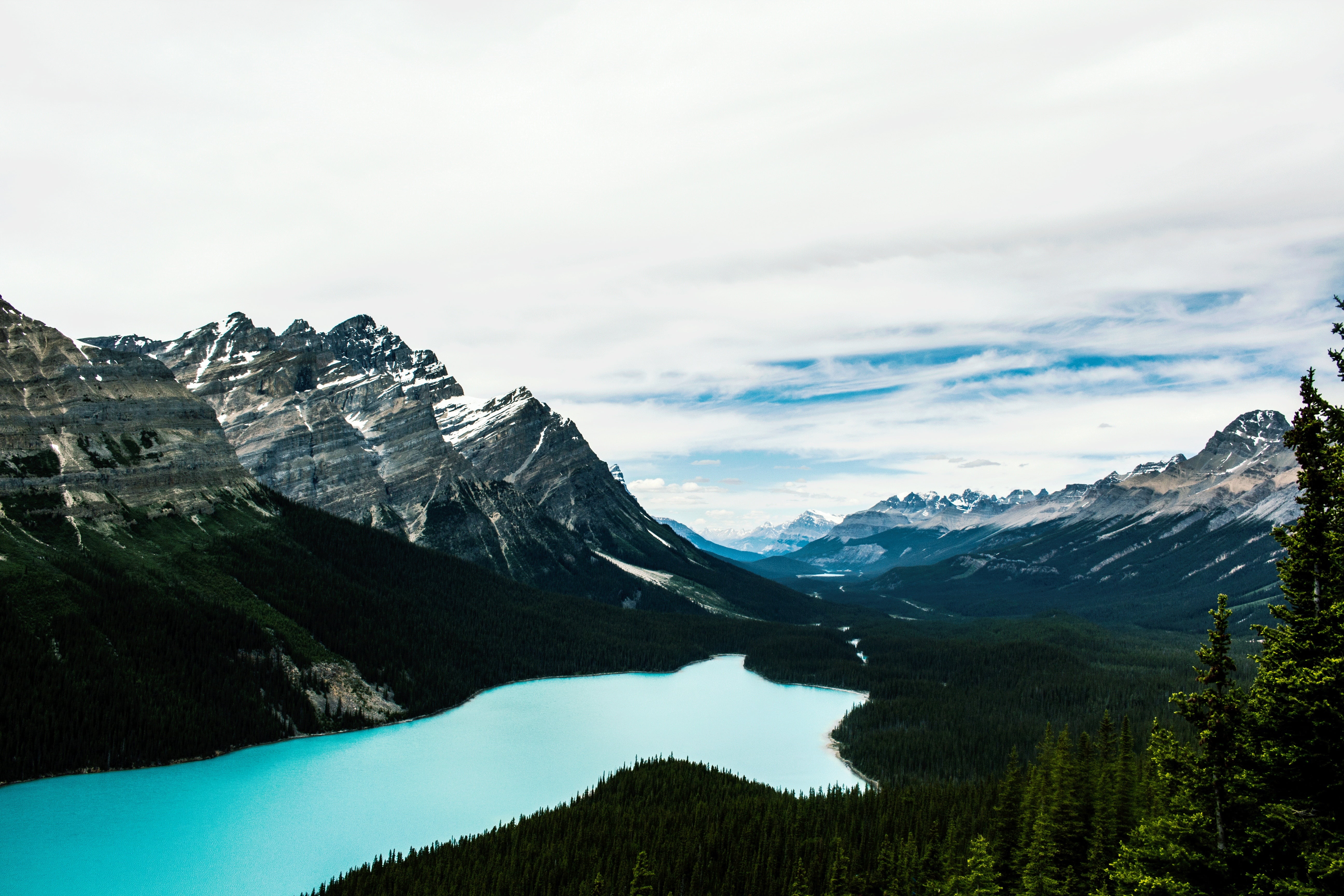 lake, cloud - sky, sky, scenics - nature, beauty in nature, peyto lake, non-urban scene, formation, canada, rocky, snowcapped mountain, environment, idyllic, HD Wallpaper