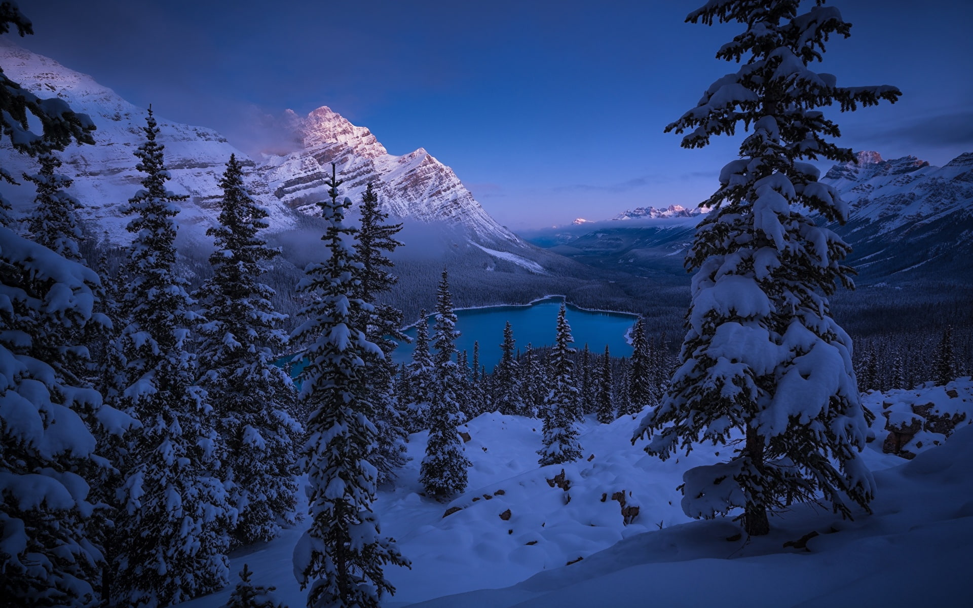 lake, mountains, 1080P, peyto, landscapes, winter, spruce, scenery, canada, HD Wallpaper