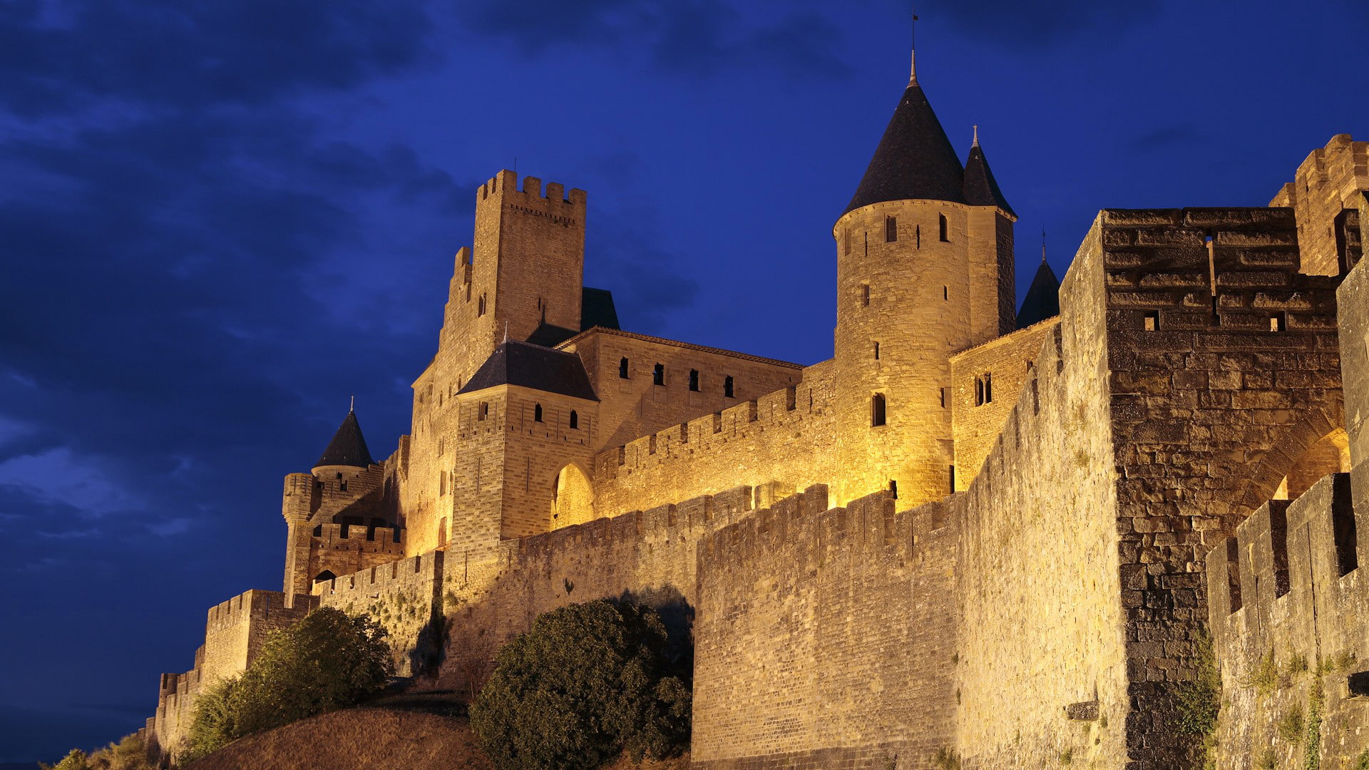 night, fortress, tower, 1080P, wall, France, the sky, hill, castle, Carcassonne, HD Wallpaper