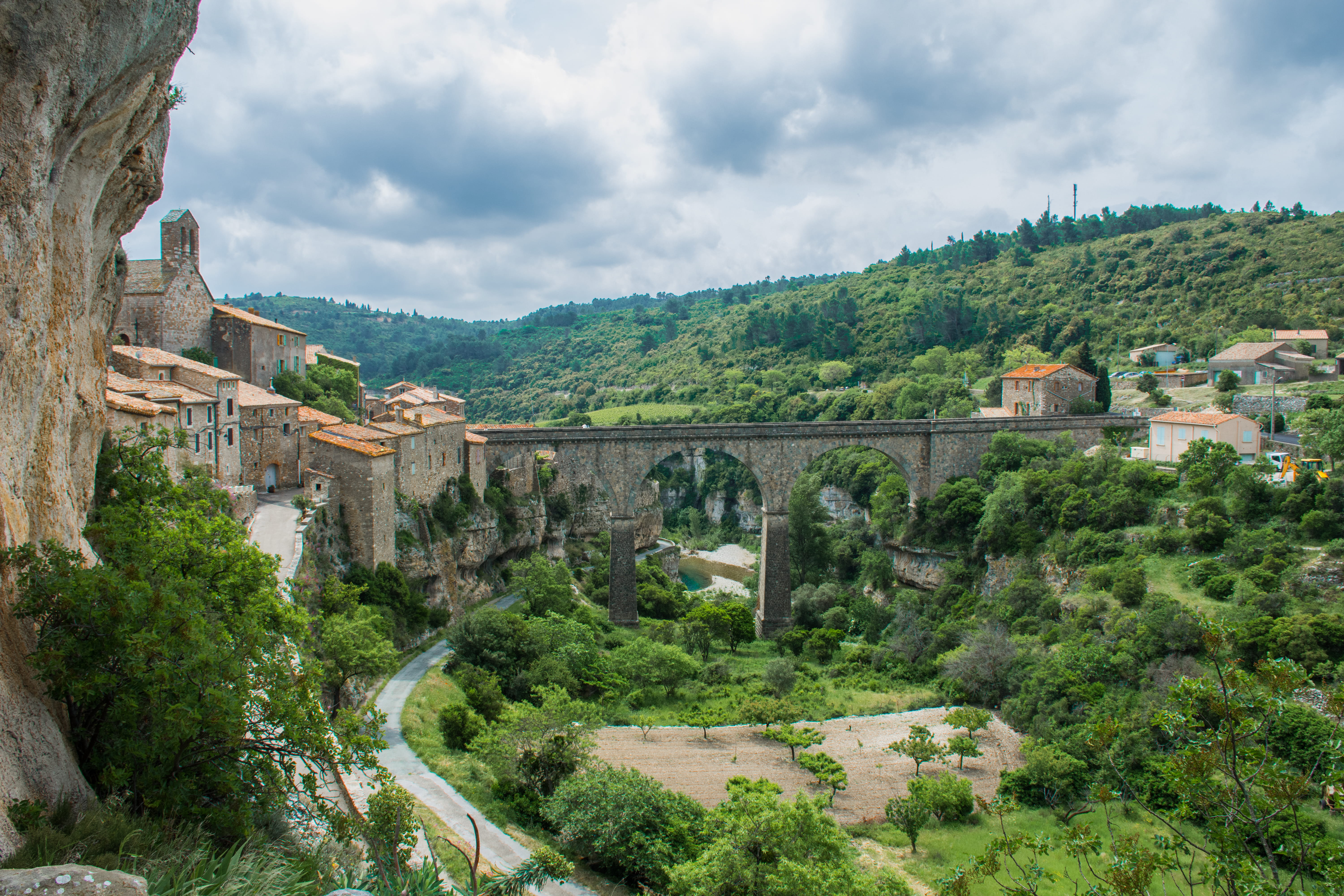the past, rural, bridge, plant, sky, landscape, mountain, cloud - sky, town, green, cathars, minerve, bridge - man made structure, beauty in nature, growth, HD Wallpaper