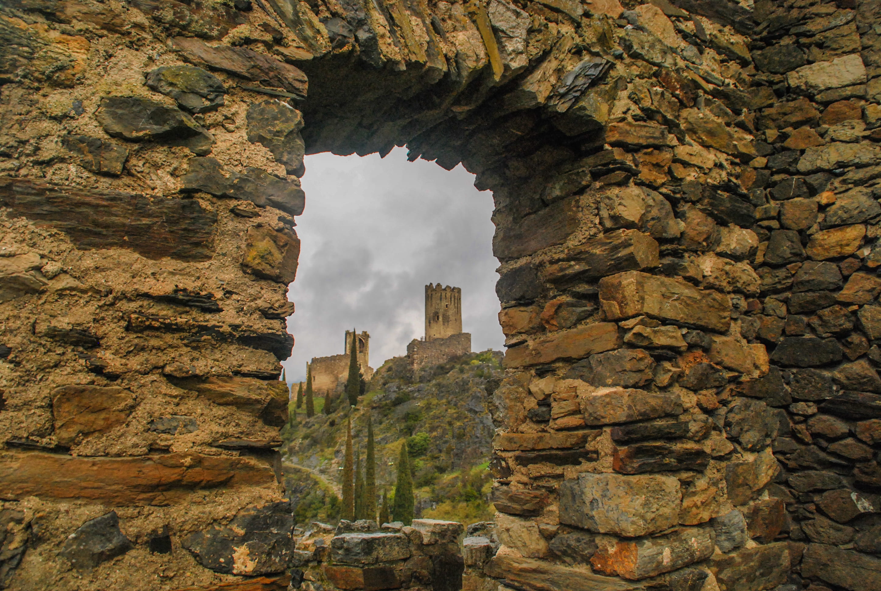 wall, day, stone, rock, travel destinations, lastours, building, outdoors, architecture, no people, sky, window, arch, history, travel, building exterior, HD Wallpaper