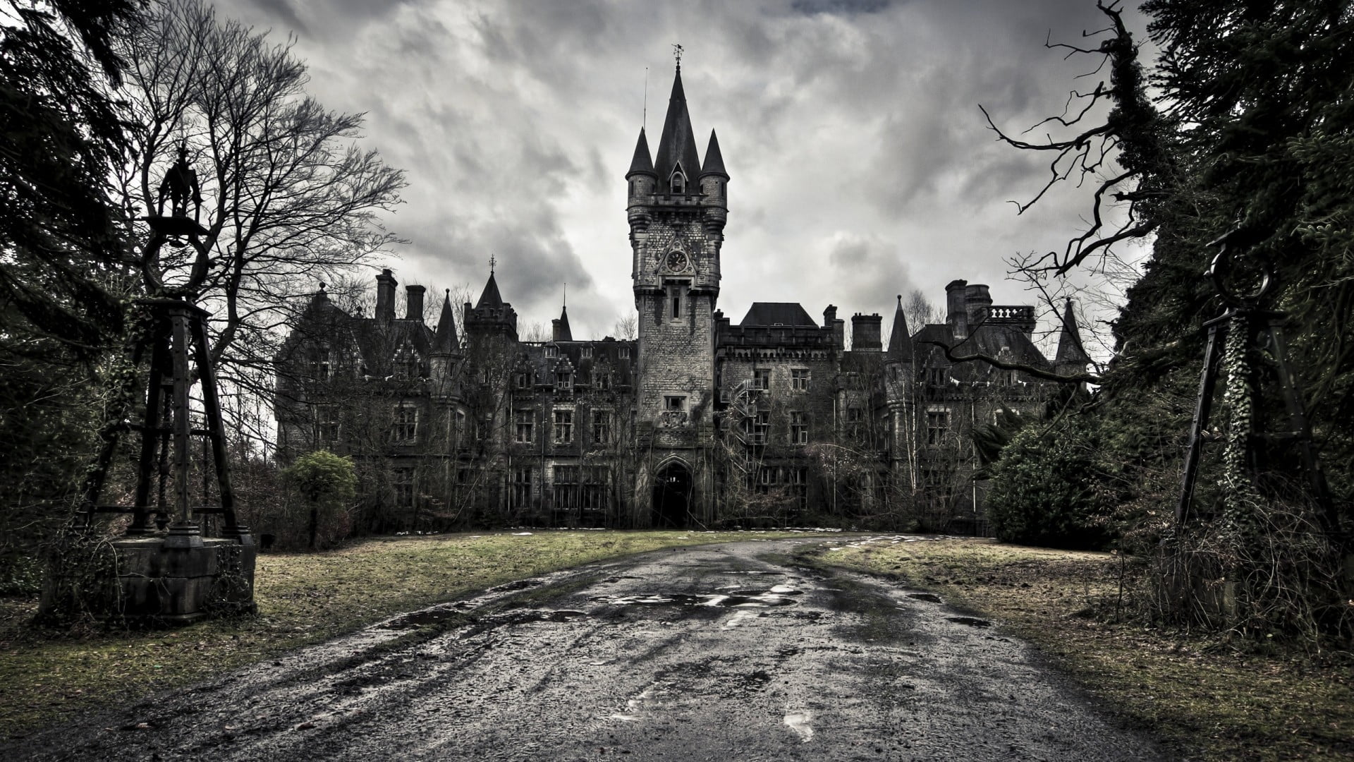 old, direction, spire, tower, architecture, Chateau Miranda, castle, building, city, day, HDR, Belgium, clouds, sky, outdoors, the way forward, road, the past, HD Wallpaper